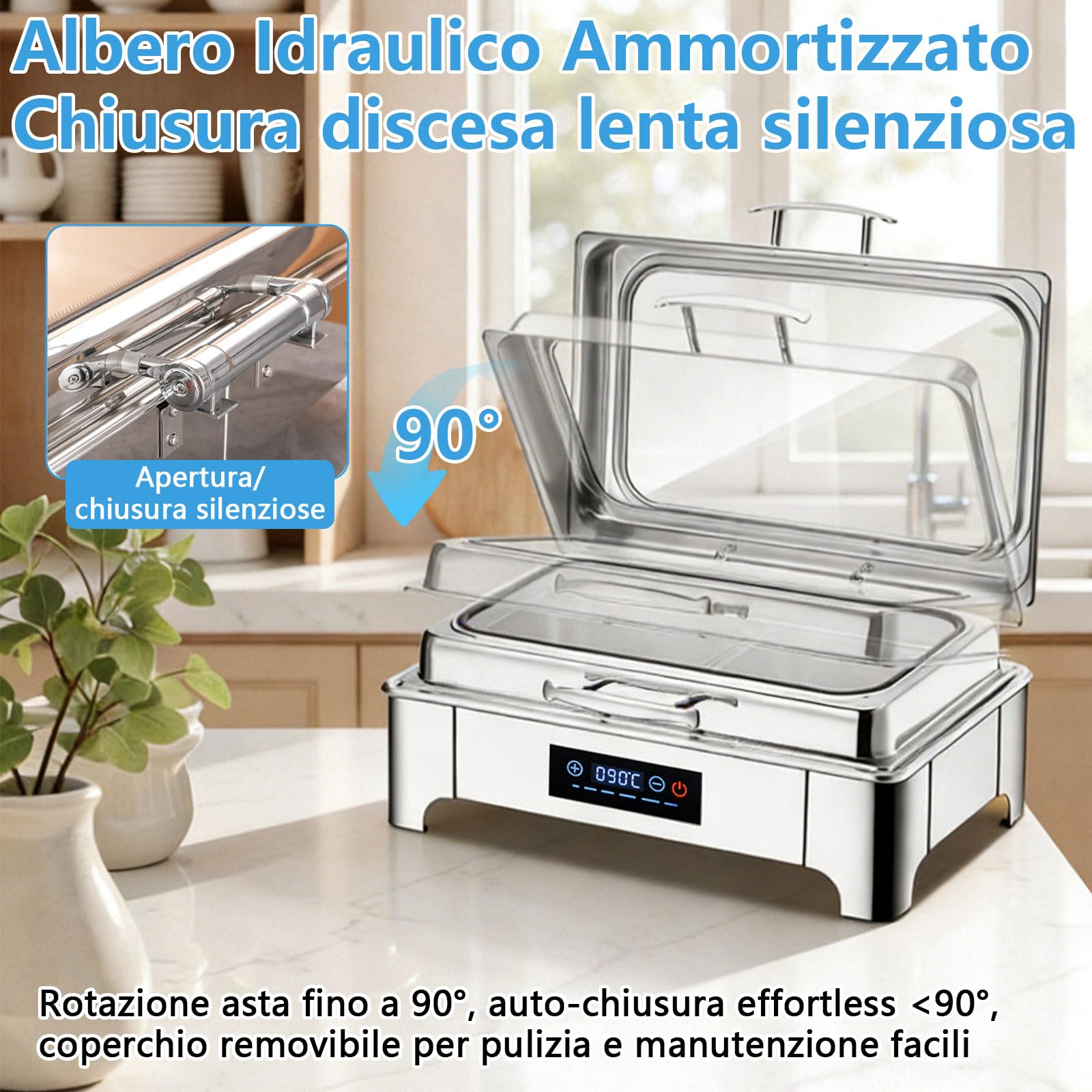 Chafing Dish Elettrico 9L, Scaldavivande Elettrico per Buffet Acciaio Inox 304, Chafing Dish Buffet con 35-90°C Temperatura Regolabile e Coperchio Visibile, per Banchetti, Feste e Eventi(1/2 Pan)