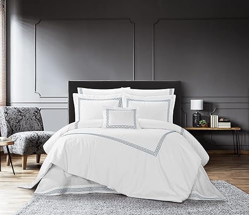 Miniatura 7 de Chic Home Crete - Juego de edredón de algodón de 4 piezas, color blanco sólido con borde bordado de doble raya, detalles en zigzag, ropa de cama de