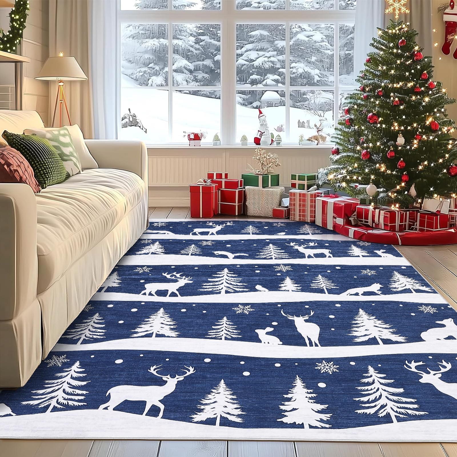 Garvee 5x7 Area Rugs for Living Room, Christmas Rugs with Xmas Tree Reindeer Snowflake for Holiday Decor, Non Slip Low Pile Washable Rug for Dining Room, Bedroom, Blue