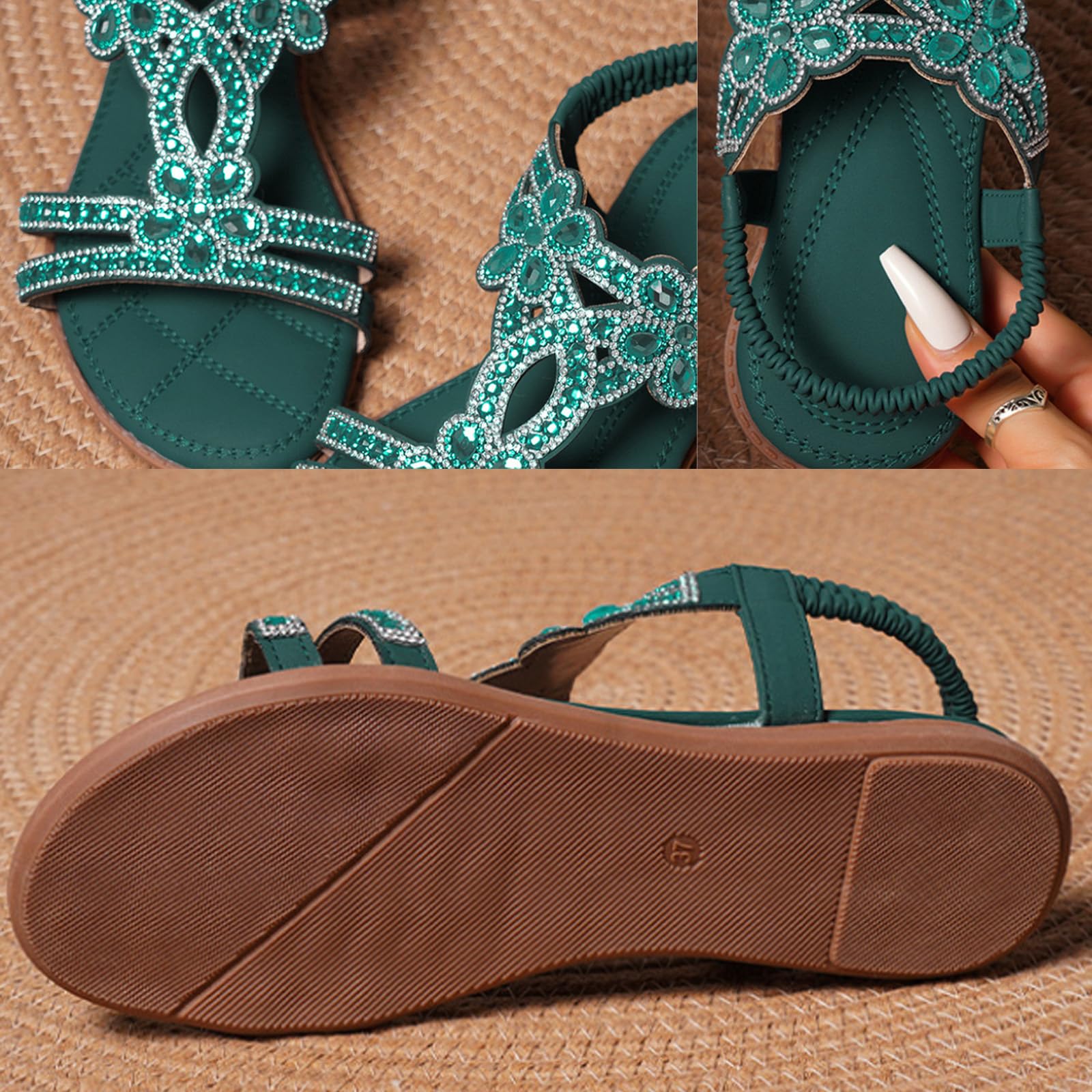 Sandalias de diamantes de imitación para mujer, de verano, elegantes, informales, cómodas, con puntera abierta, sandalias planas para boda con correa elástica en el tobillo