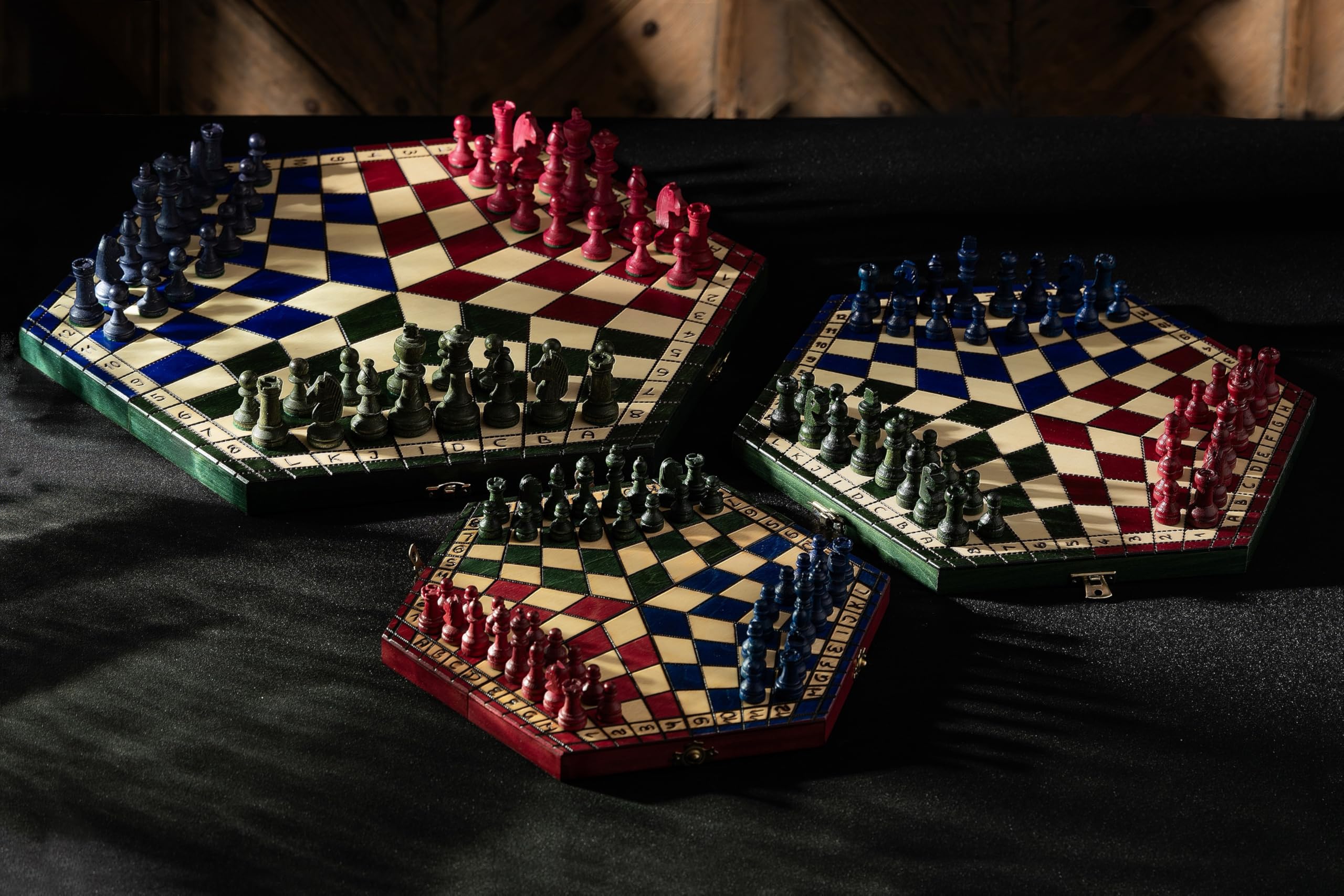 Sunrise Chess & Games Three-Player Chess Set, Small, Tricolour, Travel Chess, Wooden Figures, Educational, Ages 7+