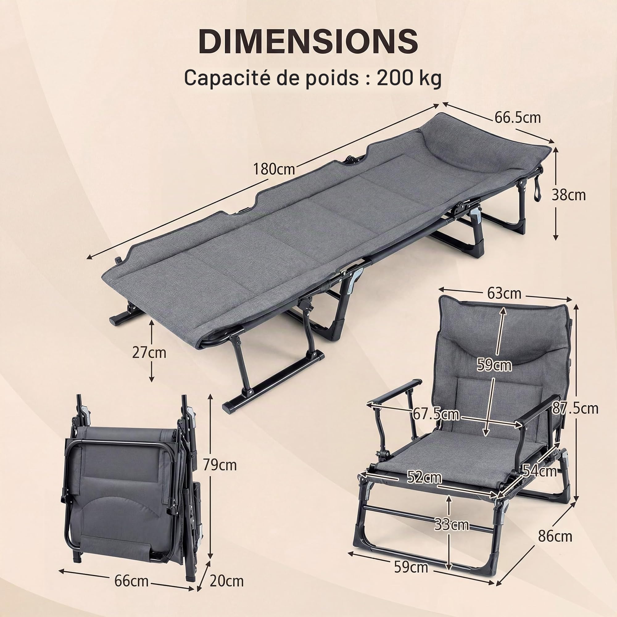 Giantex Lit de Camping Pliable 1 Personne avec Oreiller Intégré, Dossier Réglable 6 Positions et Verrouillage, Structure Tube Carré, Chaise Longue Pliante pour Extérieur et Maison, Charge 200 kg
