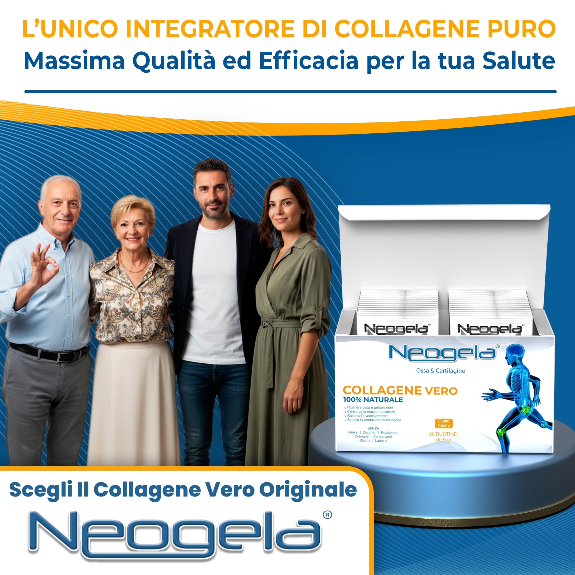 Neogela - 98% di collagene purissimo (Formato da 140gr, Prodotto Naturale) - Scatola da 28 Buste da 5gr - Benessere Osseo e Articolare
