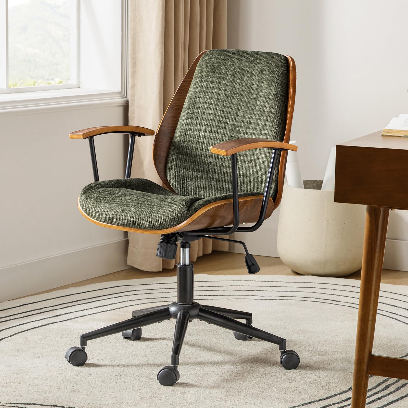 HULALA HOME Solid Wood Office Chair with Rocking Function Comfy Fabric Desk Chair with Bent Wood and Metal