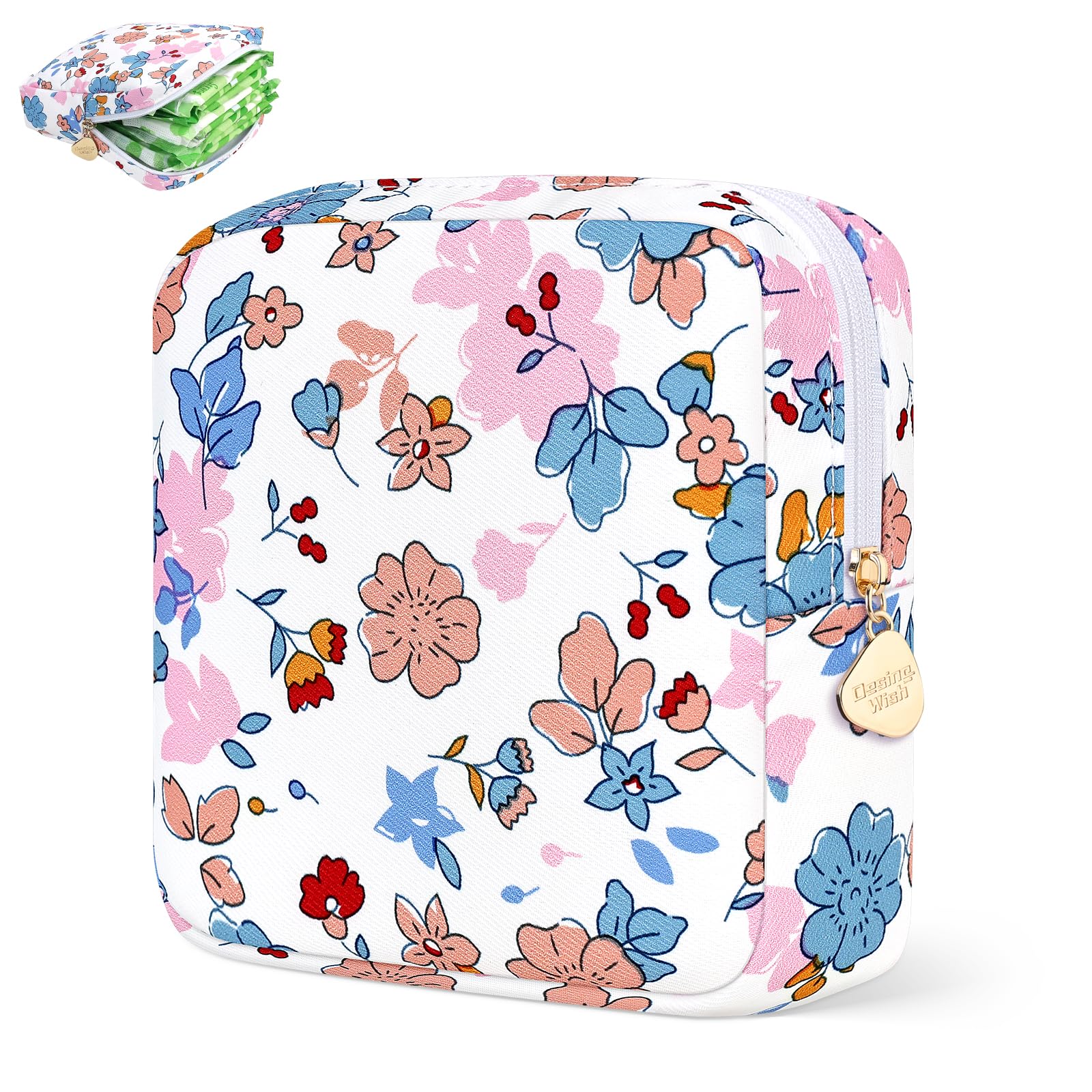 Sanitary Pad Storage Bag Portable Period Bag for Teen Pads/Sanitary Napkins/Small Tampons, Sanitary Napkin Storage Bag First Period Gifts for Teen Girls (Summer Floral)