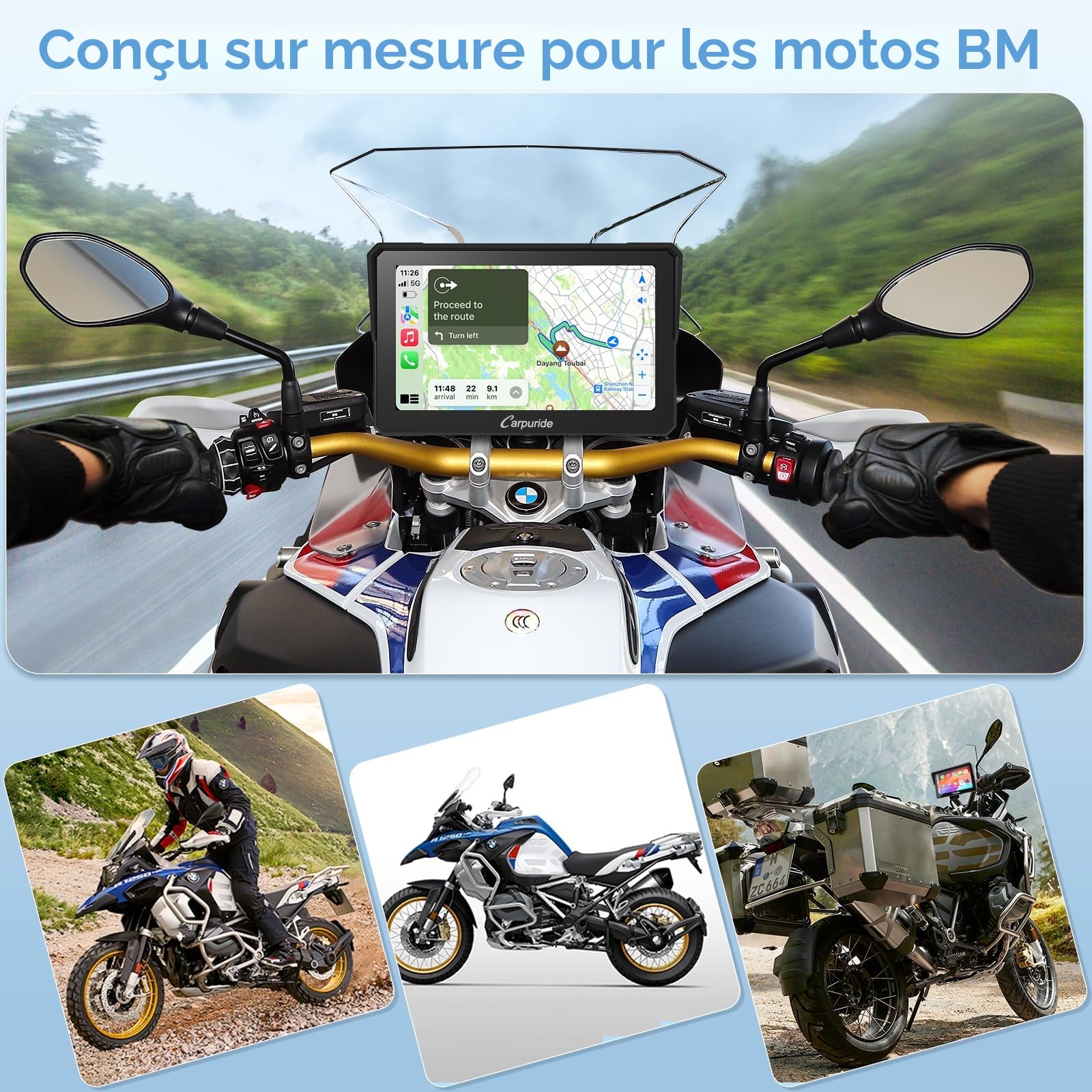 Carpuride W702B Carplay Écran avec Personnalisé Support pour BMW Moto | Sans Fil CarPlay et Android Auto, écran Tactile Portable 7" étanche, Bluetooth Trans, Navigation Siri.