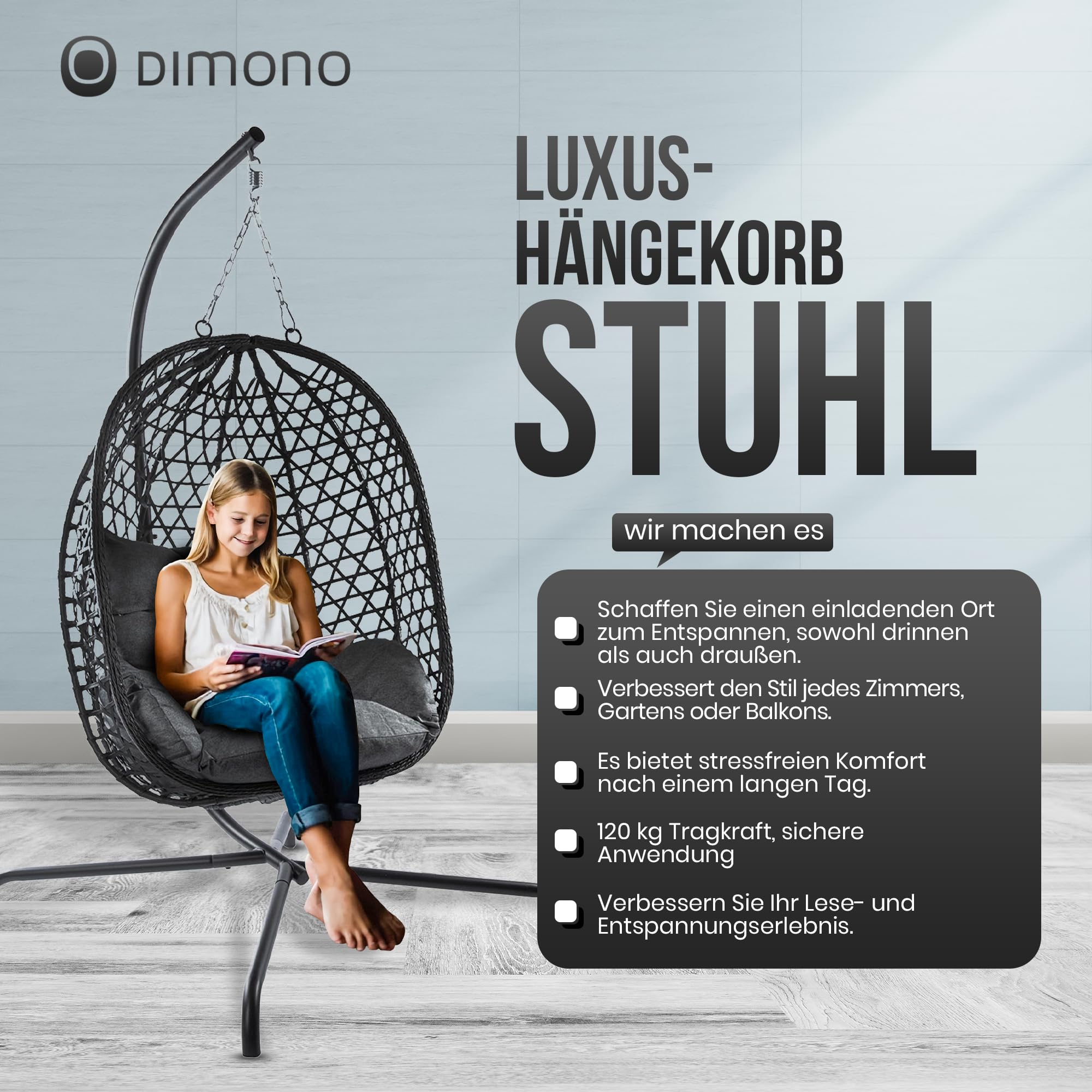Hängesessel mit Gestell; Hängekorb Sessel; Schwebeliege Rattan Outdoor & Indoor Relax-Stuhl; Egg Schaukel ideal für Garten, Terasse, Kinderzimmer, Leseecke UVM. 120kg Tragkraft (Grau)