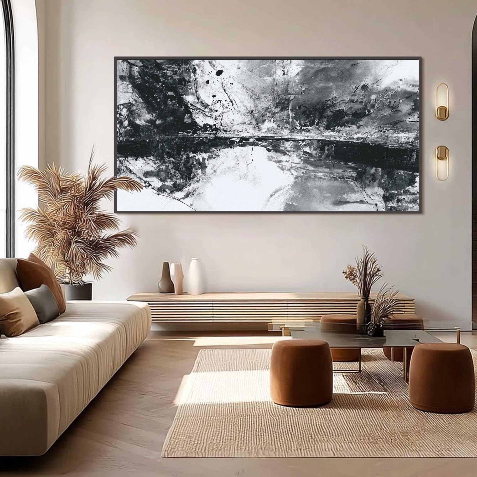 UUDEZO Gran cuadro abstracto al óleo en blanco y negro, arte de pared para la decoración de la sala de estar (80x160cm (31x63in)