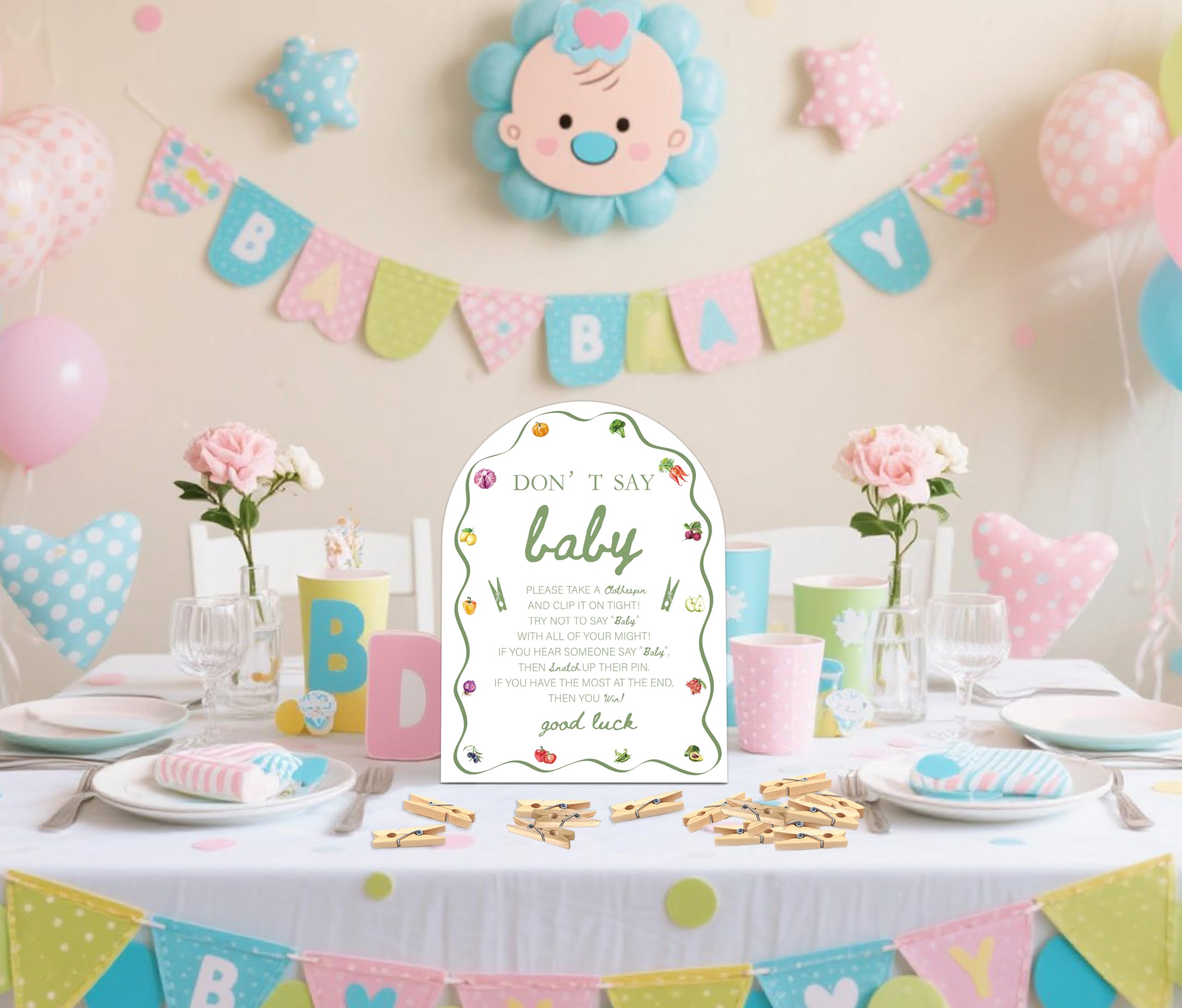 MG07 MG07 51 szt. lokalnie uprawiane "Don't Say Baby" Clothespin Game, Farmers Market Baby Shower, drewniany znak 15 x 20 cm ze stojakiem i 50 mini spinaczami do bielizny, neutralna pod względem płci