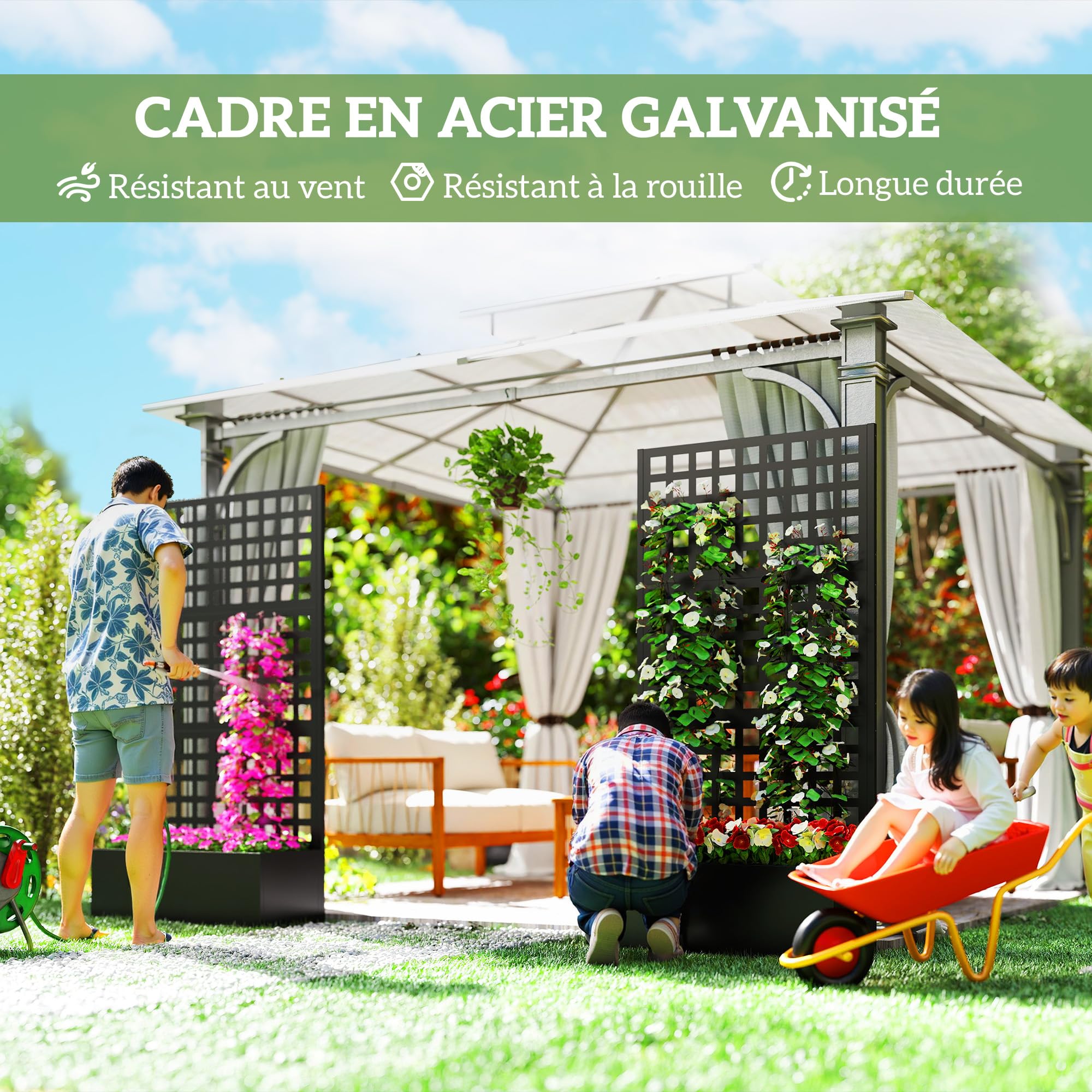 Outsunny Jardinière avec Treillis, Brise-Vue, lit surélevé de Jardin, jardinière extérieure en Acier galvanisée, pour Plantes grimpantes, bac à Fleurs pour Balcon terrasse Patio, 89x40x178cm, Noir