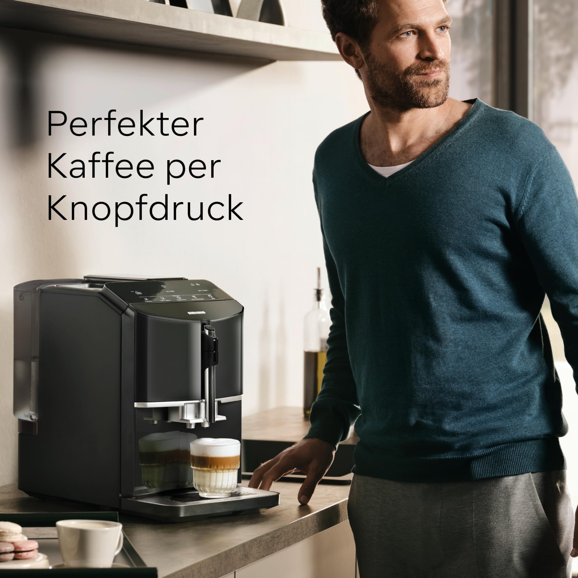 Siemens Kaffeevollautomat EQ300, Milchaufschäumdüse für Cappuccino, Latte Crema, 5 Kaffee- und Milchgetränke auf Knopfdruck, entnehmbare Brüheinheit, einfache und schnelle Reinigung, Schwarz, TF301E19