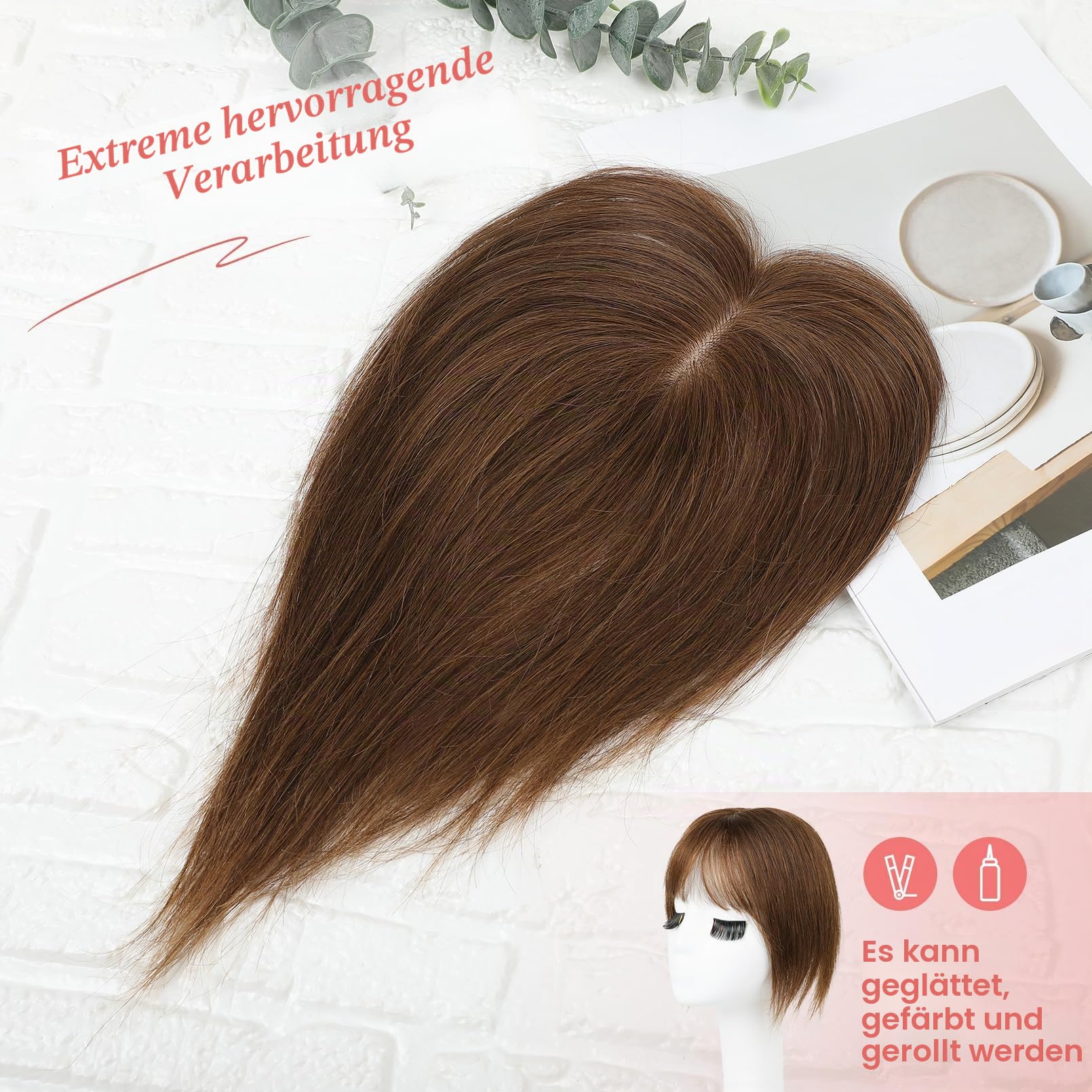 Flufymooz Real Human Hair Toppers for women Echthaar-Topper für Frauen, 26 cm Clip-in-Pony, 100% Echthaar-Topper für dünner werdendes Haarteil, Cover-Haarteil mit 150%, Seidenbasis-Mittelbraun