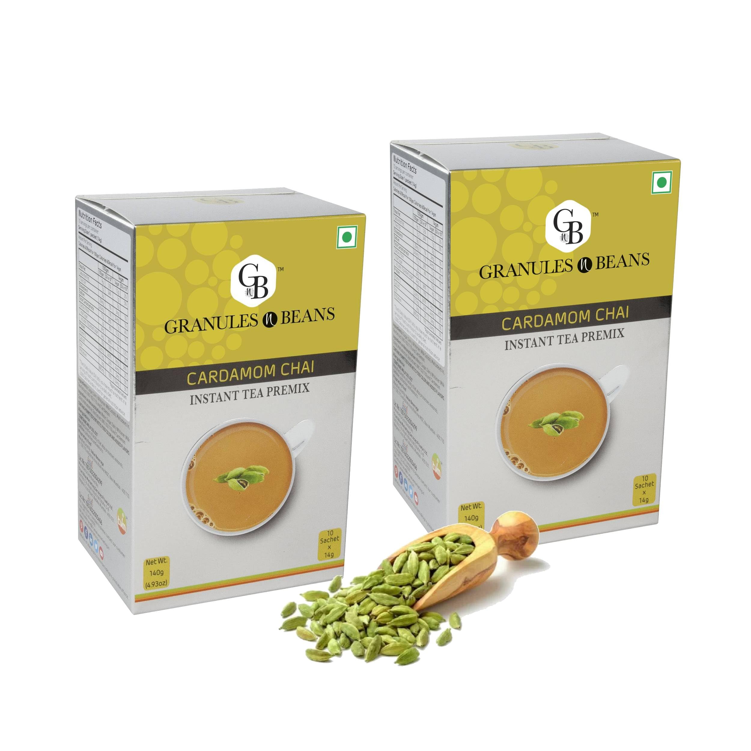 GnB Granules n Beans Cardamom Chai | Instant Tea Premix | Authentic Elaichi Chai | Easy to Prepare | Goodness of Cardamom | Relieves Indigestion & Bloating | 10 Sachets x 14g (140g Total) (Pack of 2)