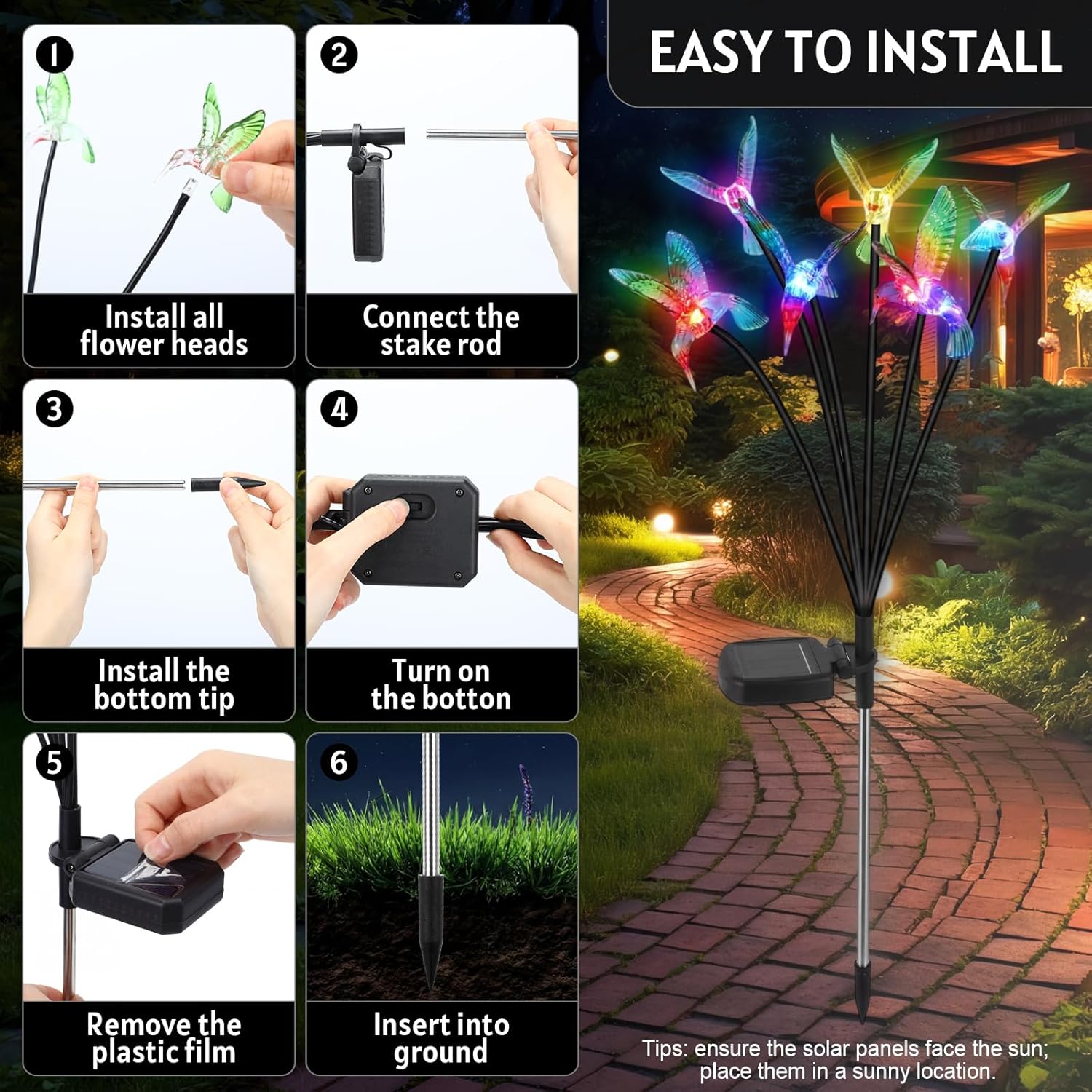 4 Pack Solar Hummingbird Lights Outdoor Garden, 6 Head Solar Swaying Pathway Stake Lights Waterproof for Yard Lawn Patio Walkway Landscape Decor