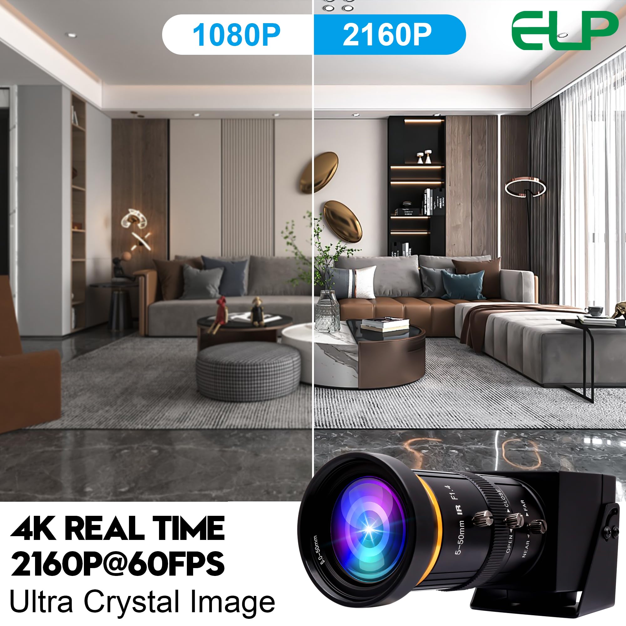 ELP Webcam USB 3.0 4K 60fps - Uscita HDMI e USB, doppio display, zoom manuale, zoom 10x, alta velocità, H.264, obiettivo 5-50mm