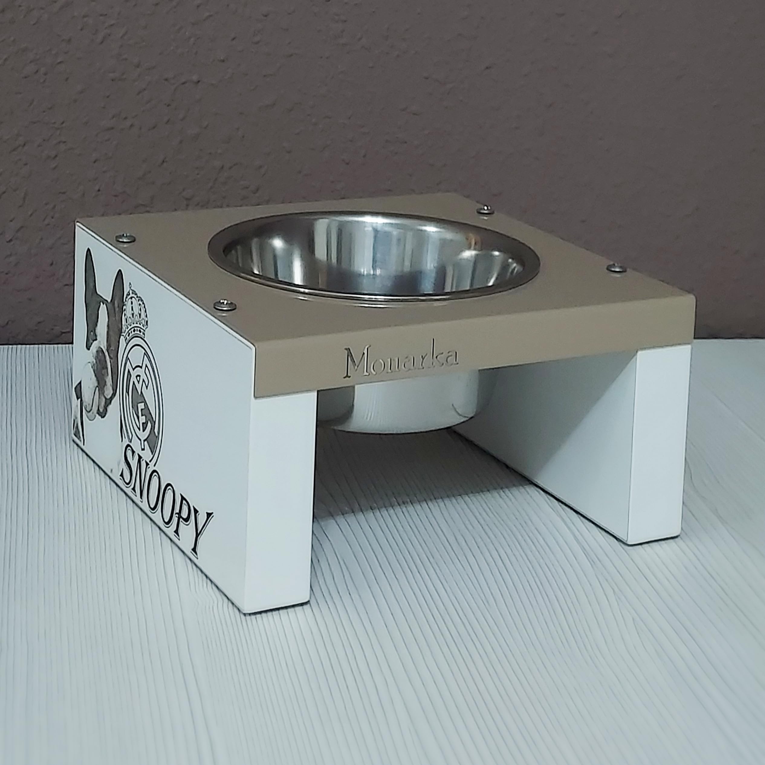 Comedero Elevado para Perros y Gatos, en Madera y Metal, Personalizado con Foto Real, Cuencos de 16 cm diámetro. Comedero de 1, 2, y 3 Cuencos. (2 Cuenco/10 cm Alto)