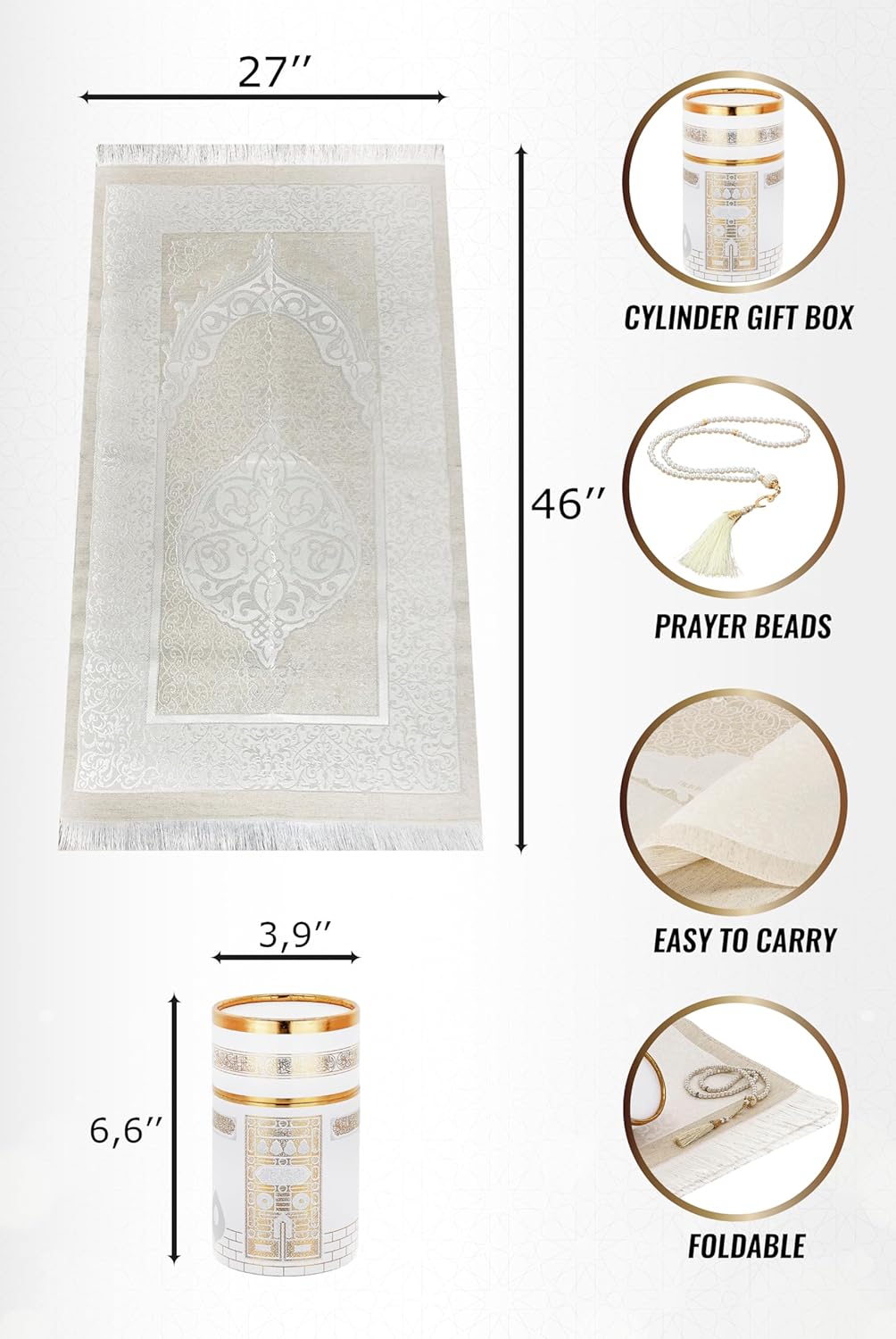 ihvan online Muslim Prayer Rug and Prayer Beads with Elegant Design Cylinder Gift Box, Janamaz, Soft Sajadah, Islamic Gifts Set, Portable Prayers Carpet Mat, Taffeta Fabric, White - Image 2