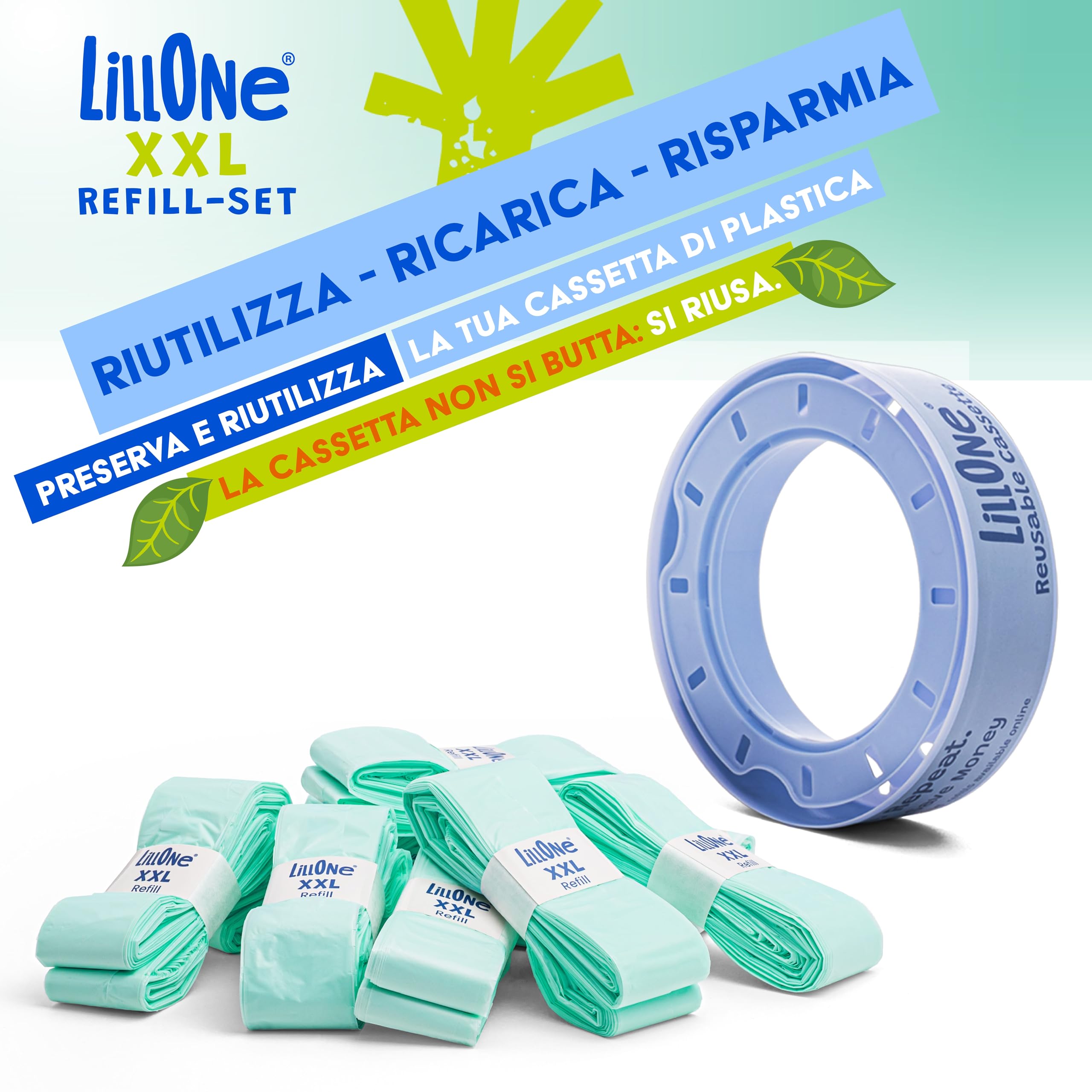 LillOne XXL-SET 10 Ricariche da Oltre 10 Metri + 1 Cassetta Riutilizzabile - Compatibili con Mangiapannolini Maialino Foppapedretti, Angelcare, Munchkin - Extra Lunghe Alta Densità
