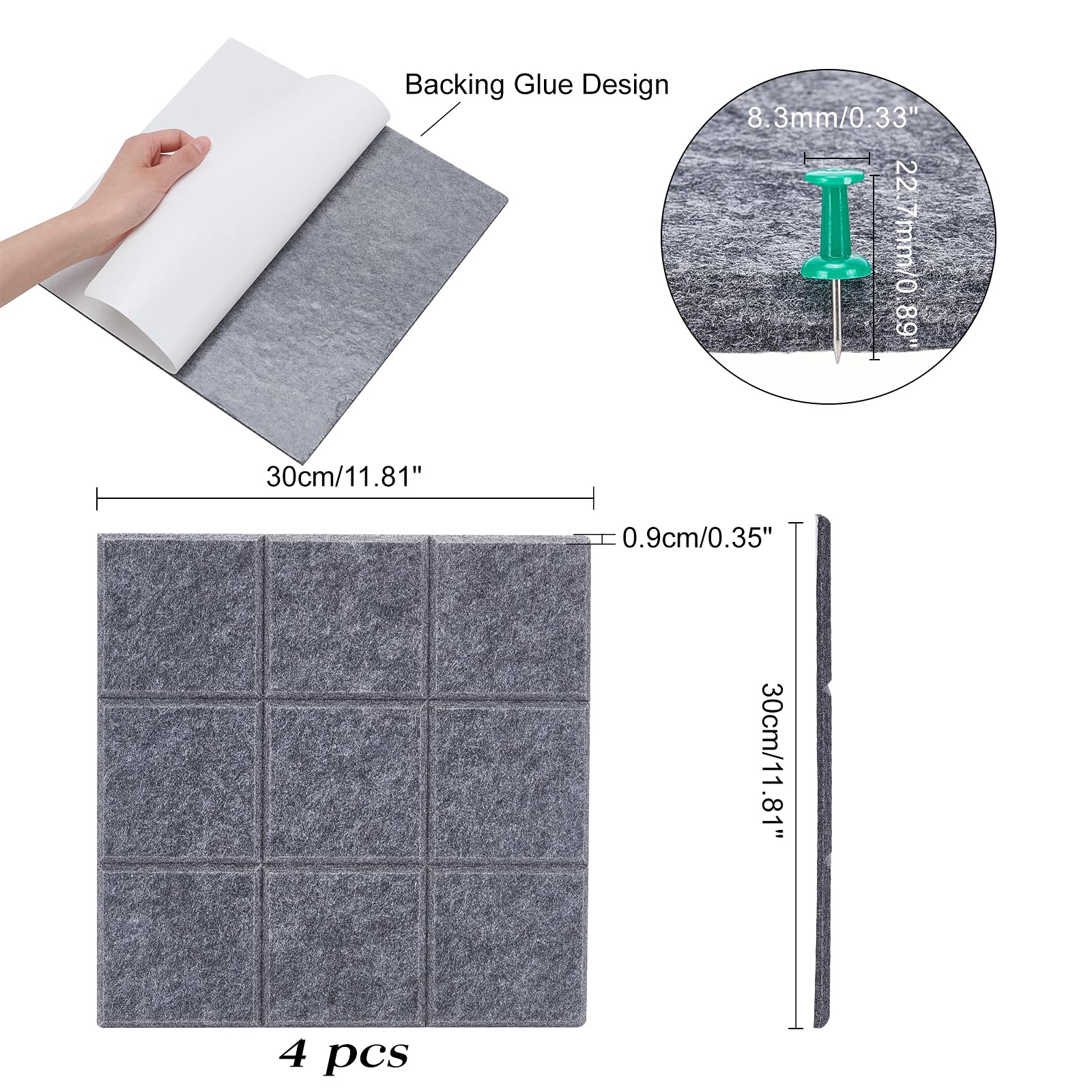 nbeads 4 STK. Filz Pinnwand, Quadratisches Filzbrett Schallabsorbierende Dekorplatte Memo Bulletin Wall Board Mit 40 Push Pins Für Office Home Decor, Grau, 30x30 cm