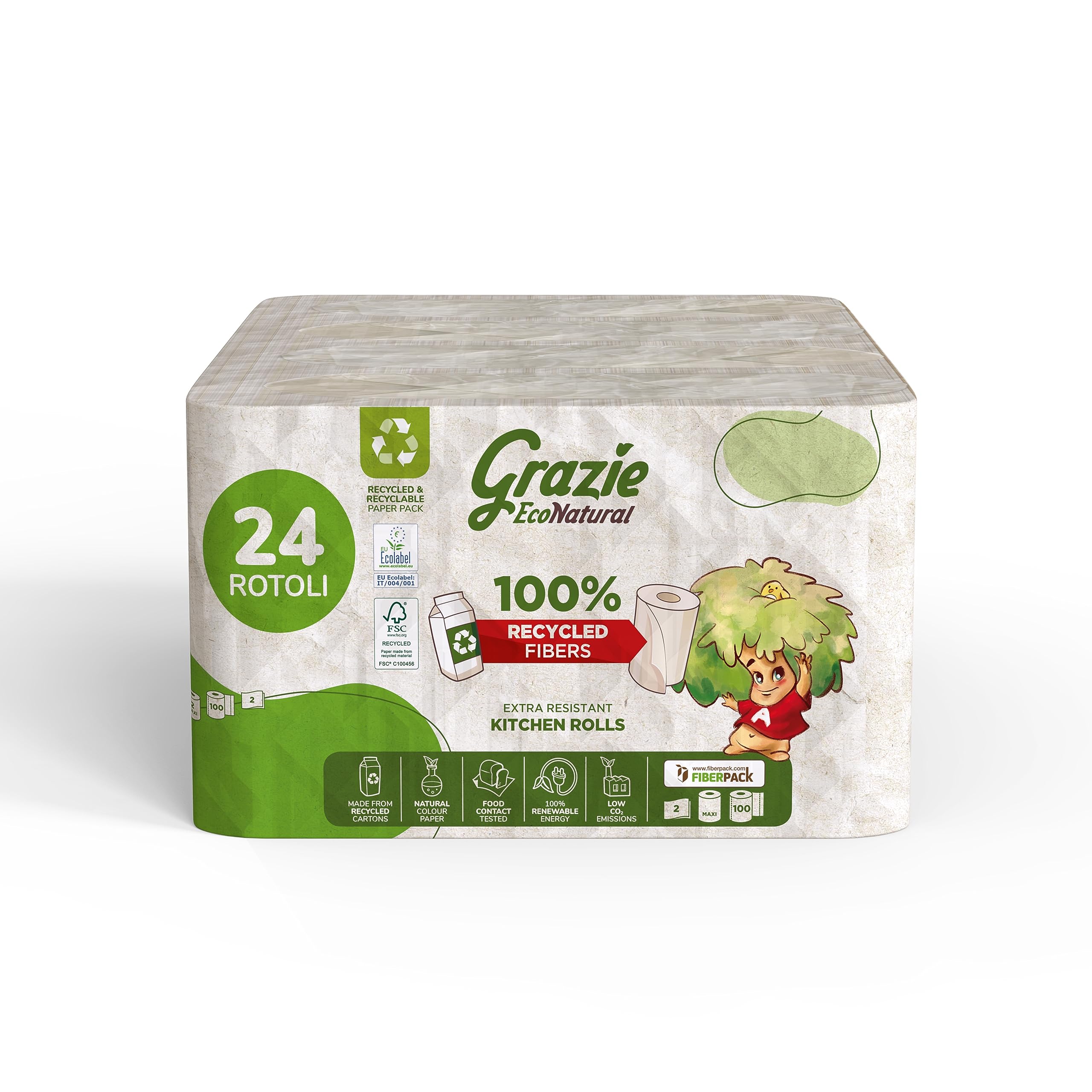 Grazie Natural, Asciugatutto 24 Rotoli, Bobina di Carta Assorbente Realizzata con Carta 100% Riciclata Fiberpack, Certificata Ecolabel e FSC Recycled, Made in Italy