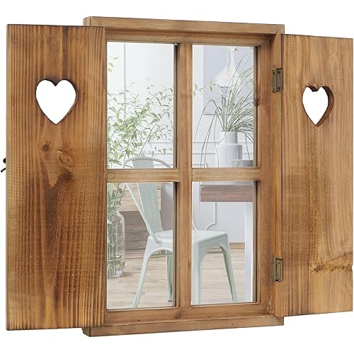 WHW Whole House Worlds Stockbridge Shutter Mirror, Rustic Heart Cut-Outs, Fir Wood Frame and Doors, Metal Swing Latch, Cross Post Grille, Triangle Hangers, 22.25 Wide x 17.75 H Inches