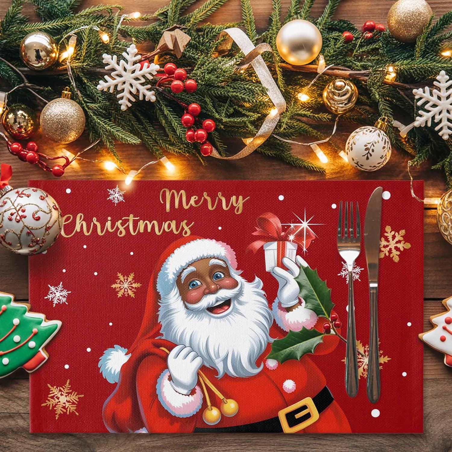 Black Santa Claus Placemats Set of 4 for Dining Table, Merry Christmas Xmas Snowflake Red Funny Washable Place Mats Heat Insulation Tablemats for Christmas Party Winter Holidays Decor 13x19 Inch