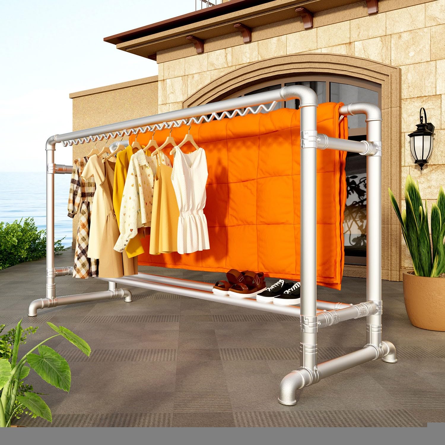 Perchero Burro Ropa Resistente, Perchero con Ruedas, Perchero Burro Doble con Zapatero, Burro Ropa con Gancho, Máx. Capacidad de Carga 400 kg, para Tienda de Ropa Lavandería Patio
