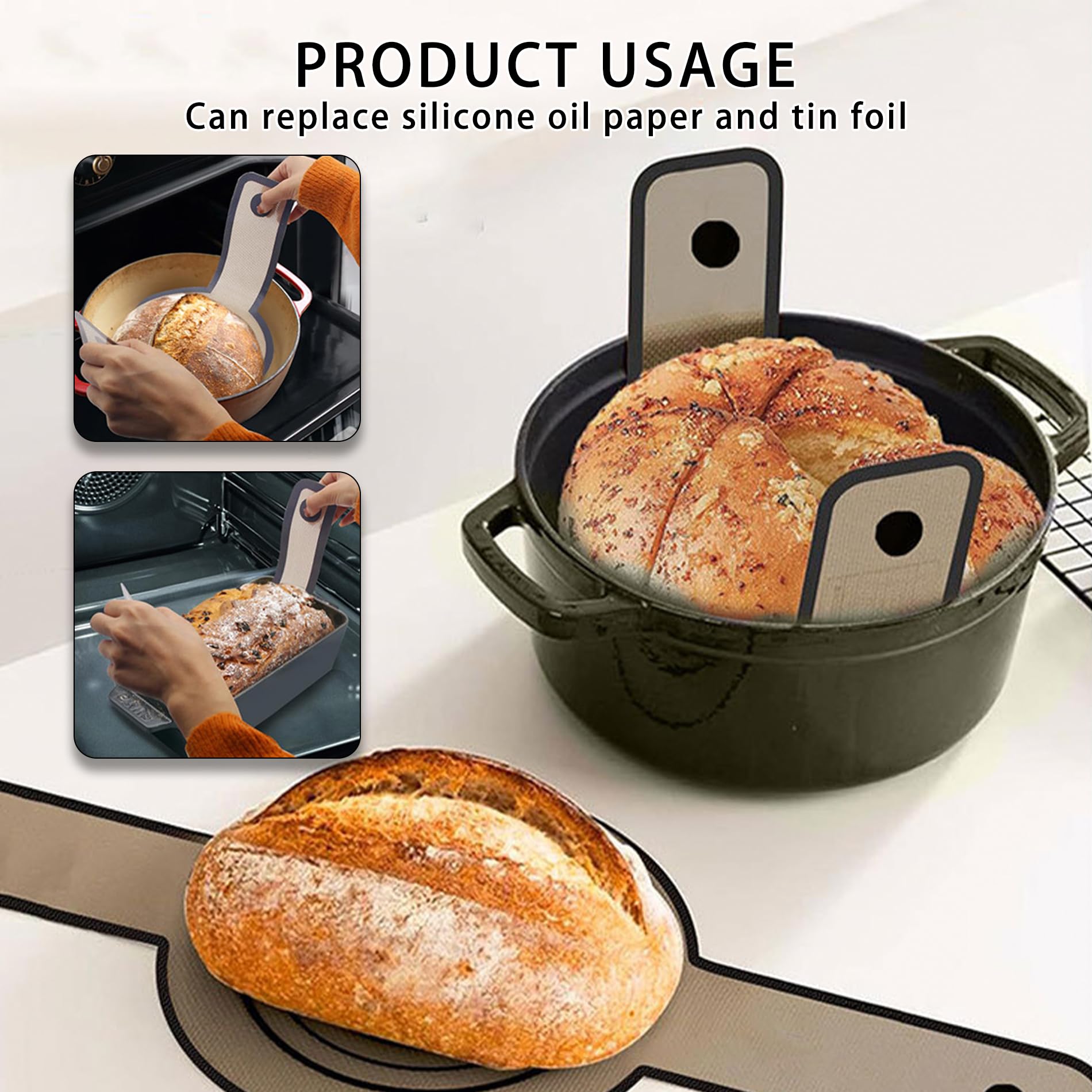 2 szt. mata do pieczenia chleba, z Silikonu Do Kontaktu z Żywnością, Wielorazowego Użytku i Żaroodporna do Dutch Oven, Air Fryer, Blachy do Pieczenia (58,2x15,8cm Elipsa + 55,7x21cm Okrągły, Brązowy)