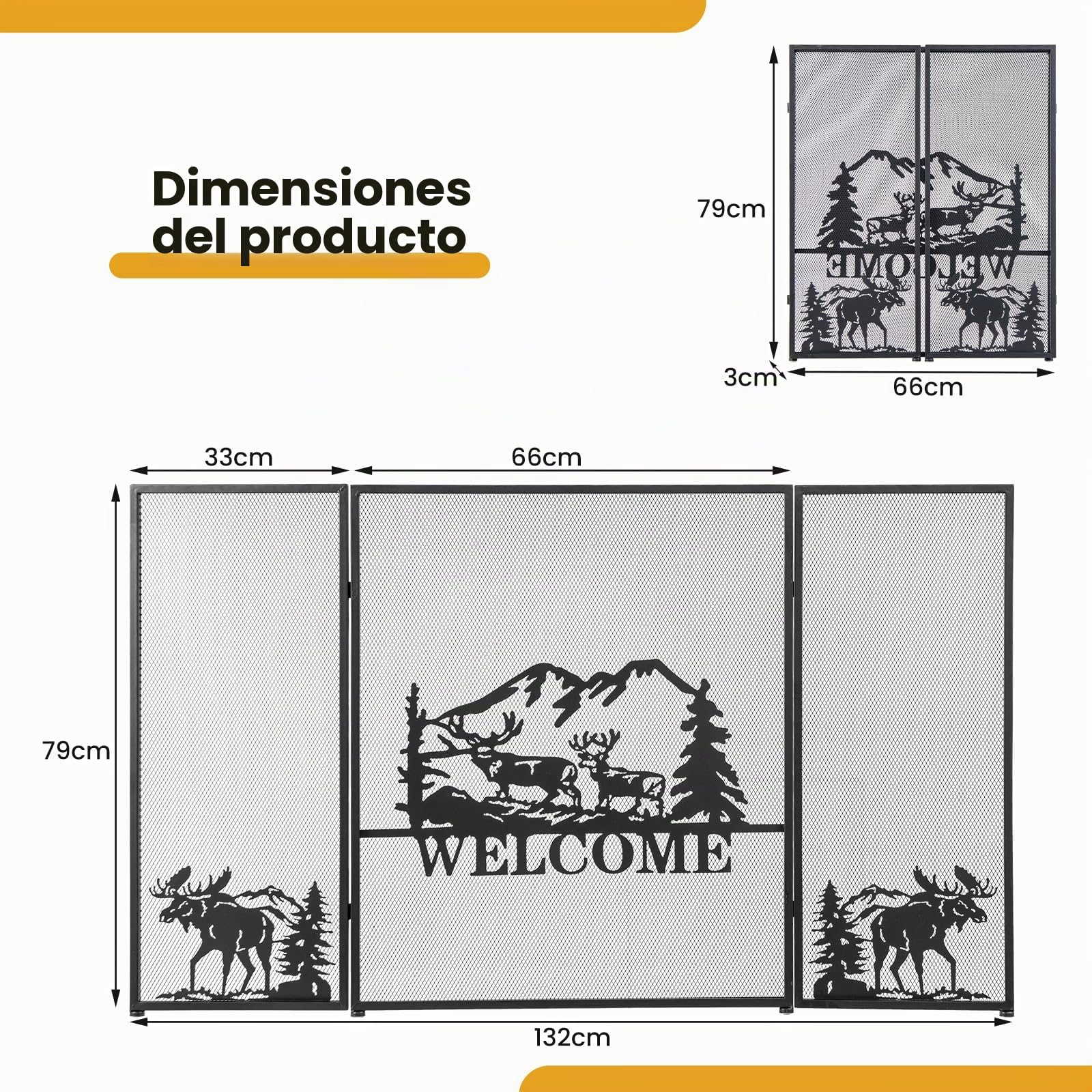 GIANTEX Pantalla de Chimenea Plegable con 3 Paneles, 132 x 79 cm, Salvachispas Chimenea de Metal para Aislamiento de Chispas y Cenizas, Rejilla Protector de Chimenea para Niños y Mascotas (Welcome)