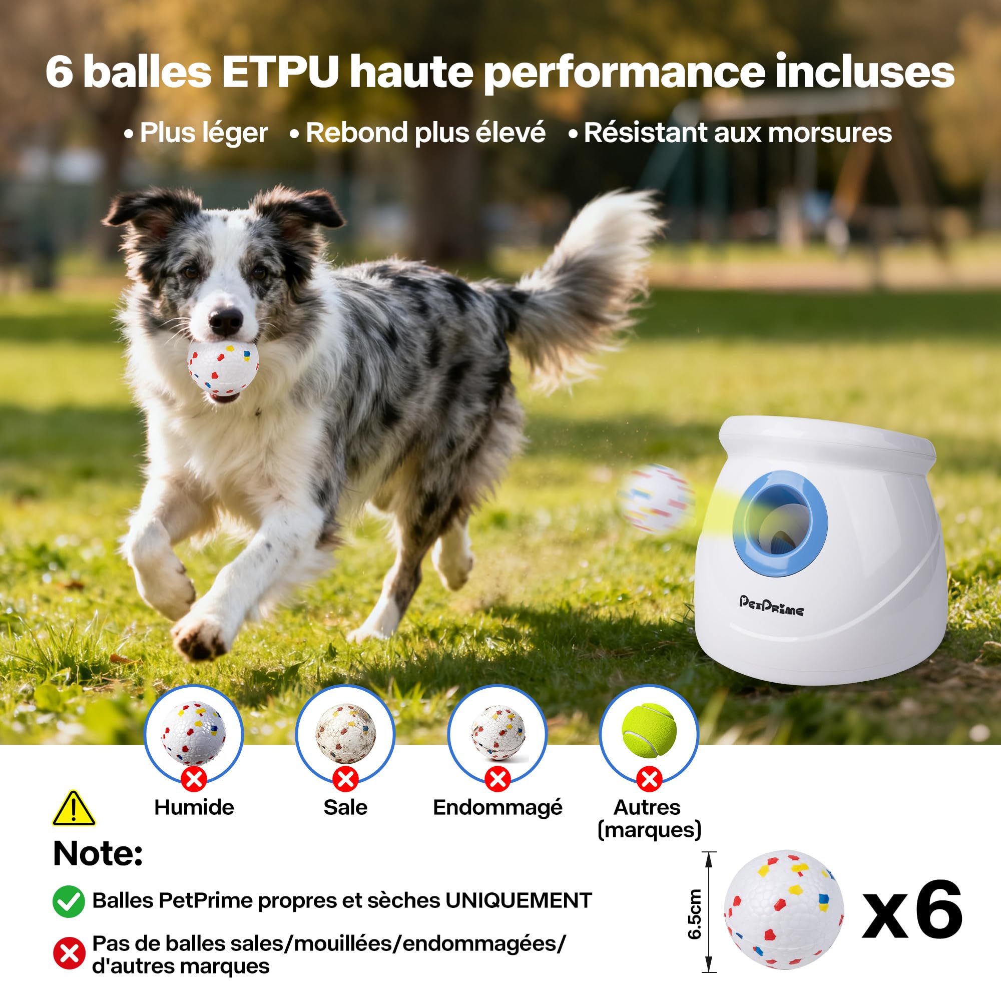 Pet Prime Lanceur de balles Automatique pour Grands Chiens – 6 balles E-TPU 6,35 cm + sifflet – Portée réglable de 3 à 20 m (3 Niveaux de tir) – Batterie Rechargeable – Jouet interactif