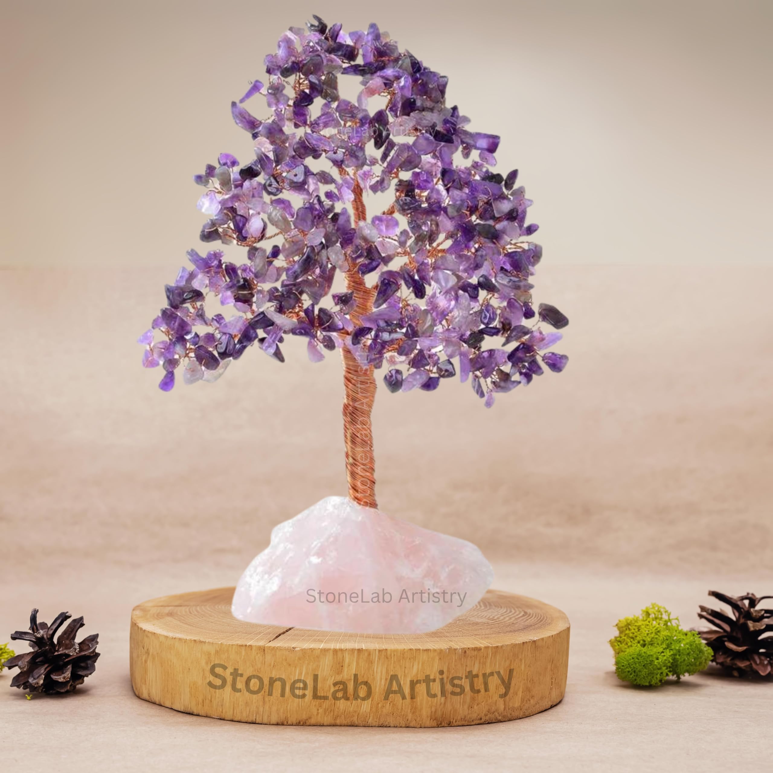 StoneLab Artistry Rose Quartz Base with 150 Amethyst Beads Gemstone Tree Wrapped Copper for Stress Relief, Inner Healing, Love, and Friendship Promotion & Spiritual Wellness-image-2