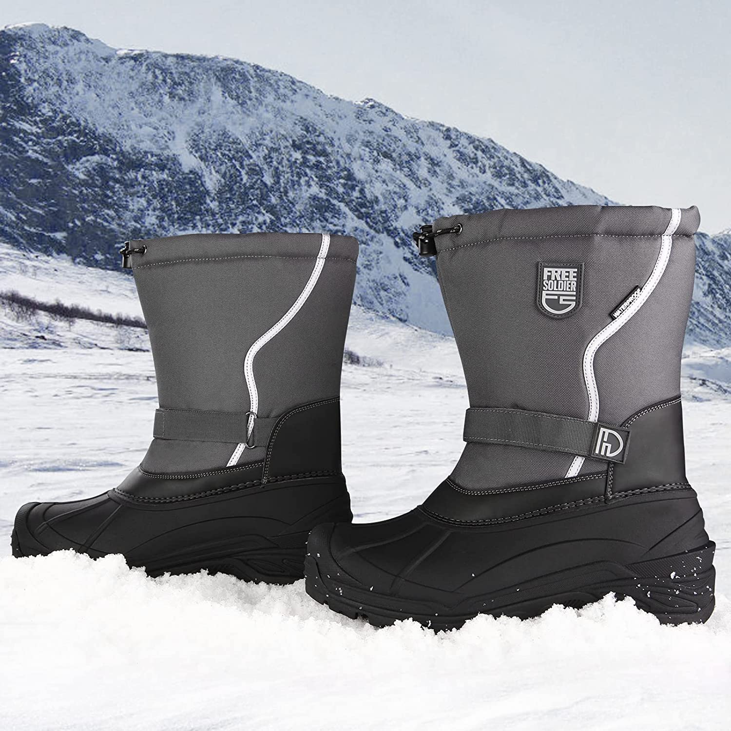 FREE SOLDIER Mens Snow Boots Insulated Waterproof Winter Shoes Nonslip Outdoor Footwear with Removable Lining(Thick Grey 13)