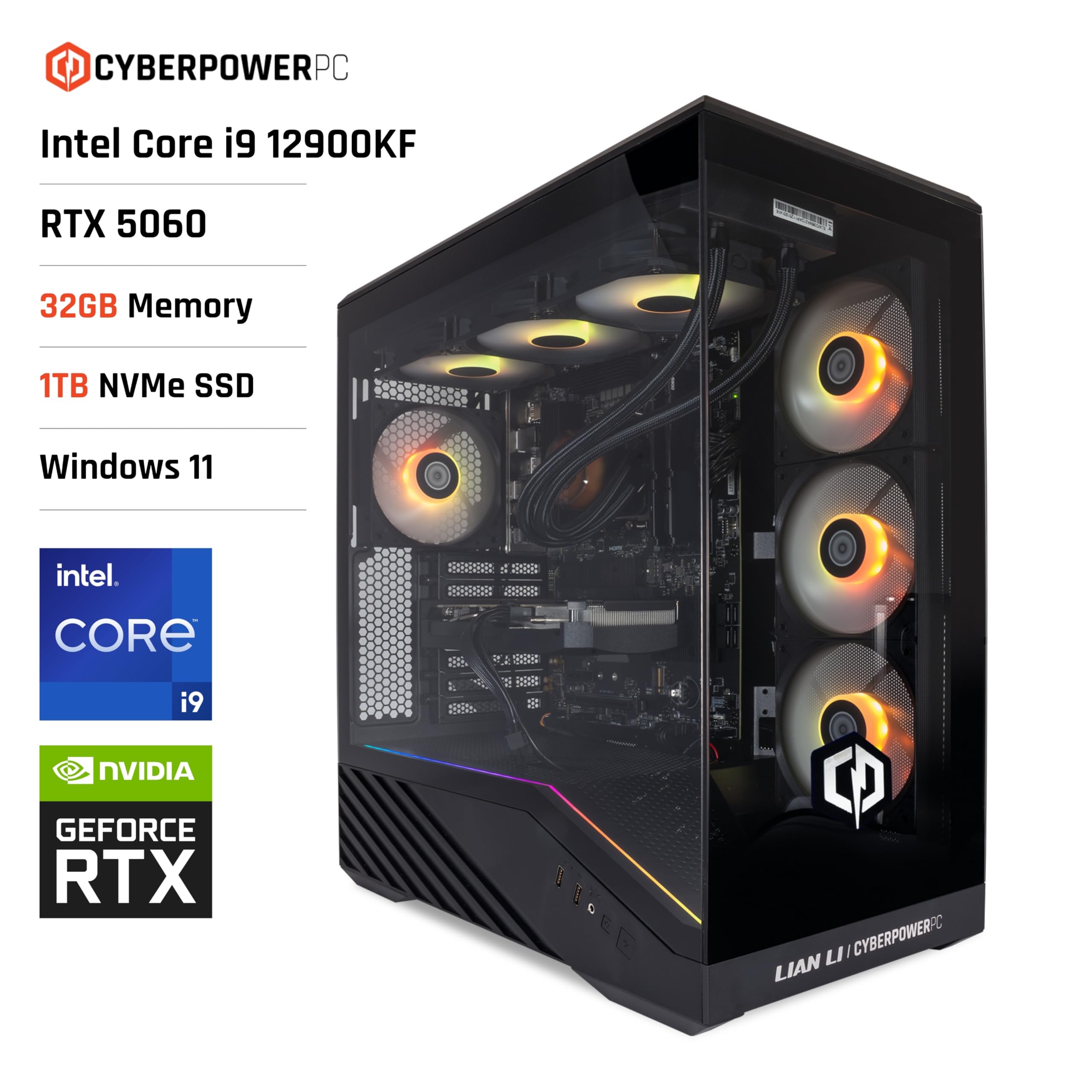 CyberPowerPC Luxe Gaming PC - Intel Core i9 12900KF, Nvidia RTX 5060, 32GB RAM, 1TB NVMe SSD, 750W PSU, Windows 11, Liquid Cooling, V100R
