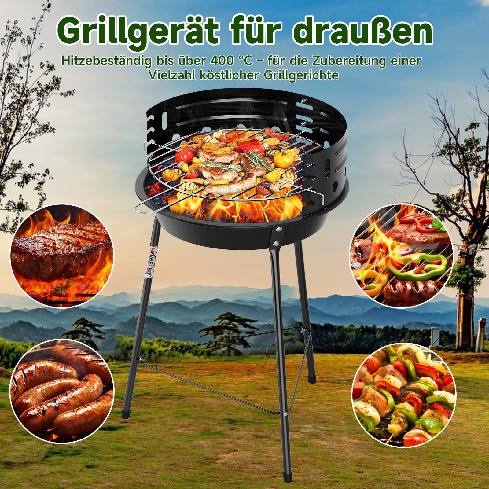 HOMELUX Barbecue a carbonella, triangolare, 34 x 53 cm | Stabile griglia per barbecue, ideale per picnic, giardino e campeggio