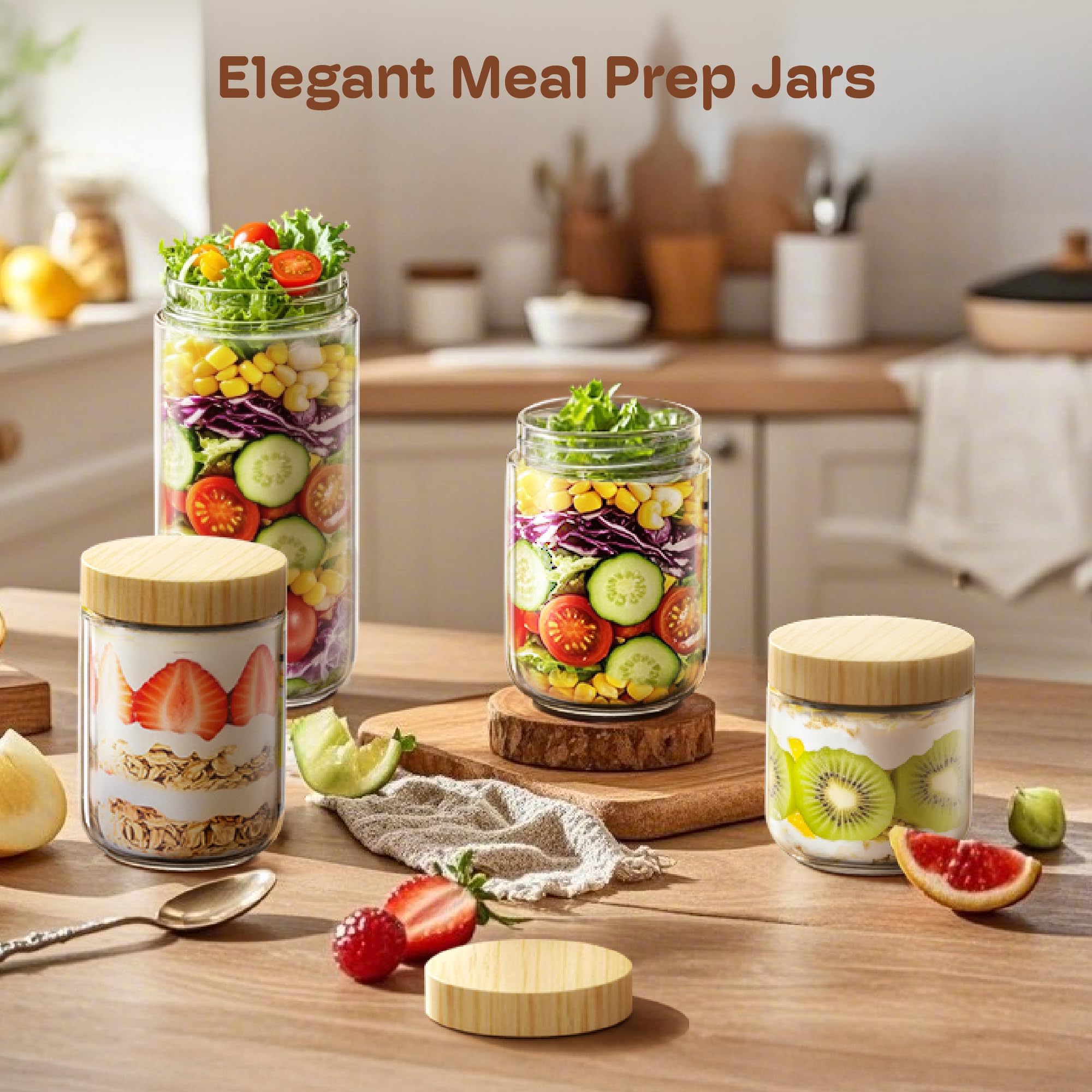 Recipientes de avena nocturna de 16 onzas con tapas, tarros de vidrio con tapas de bambú, tarros de vidrio para preparación de comidas con tapas herméticas para yogur, ensalada, chia, tarro Mason de