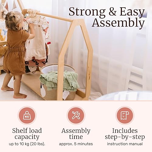 Miniatura 5 de WOOD&ROOM Montessori - Perchero para ropa infantil con estante – Perchero de madera para niños pequeños – Almacenamiento de ropa para niños, armario