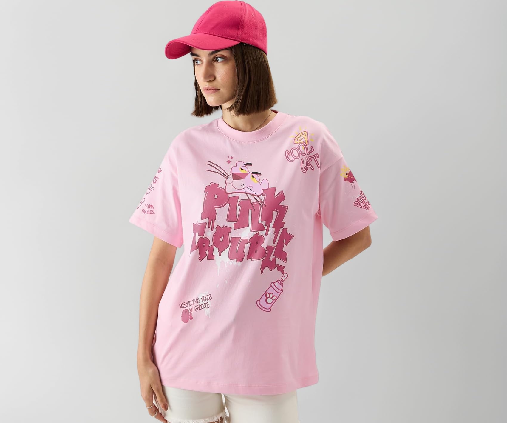 The Souled Store Official Pink Panther: Pink Trouble Women and Girls Short Sleeve Round Neck Pink Graphic Printed Cotton Oversized T-Shirts