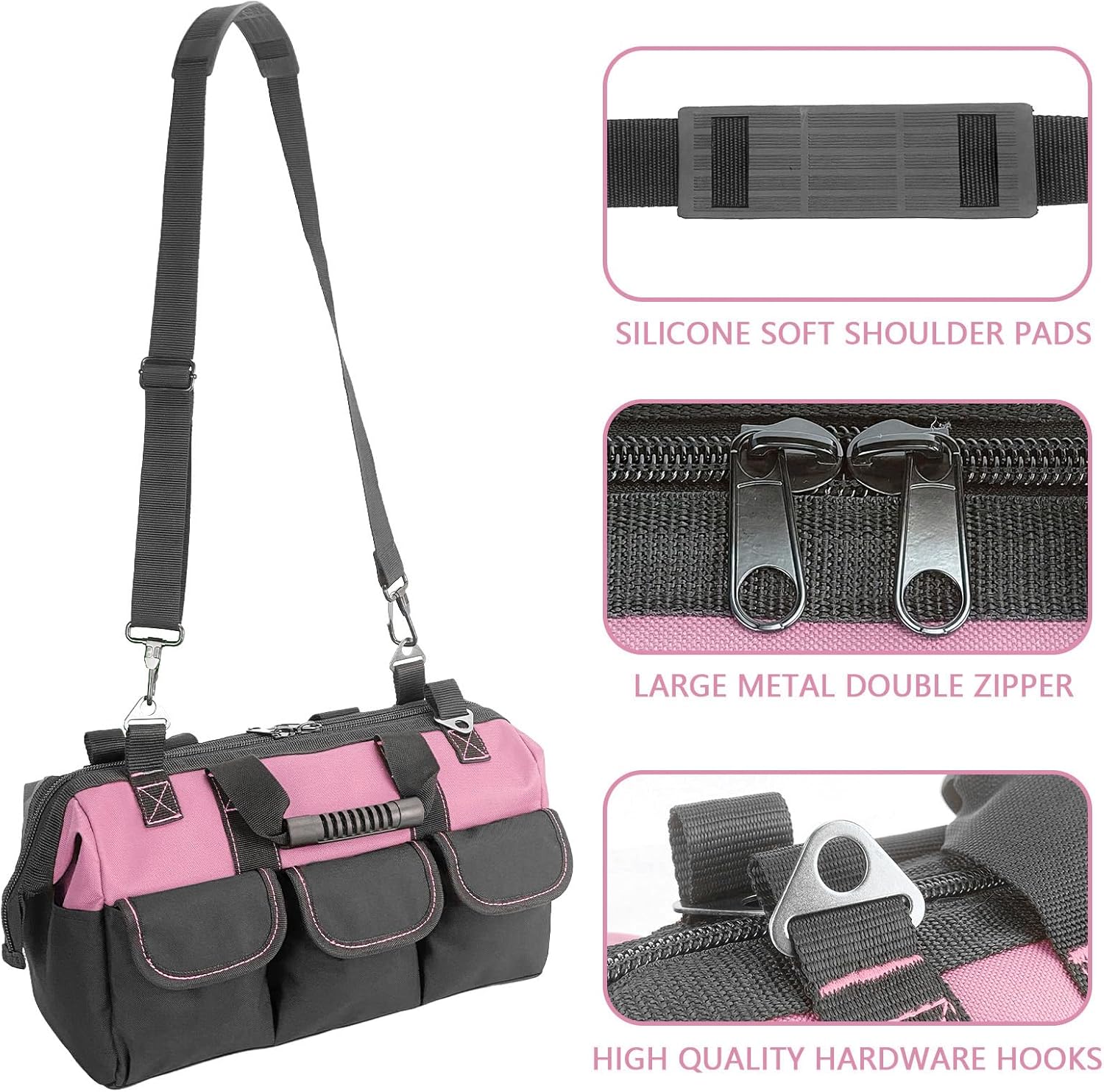 Garden Tools Bag 16inch Wide Mouth Women Man's Tool Bag with Molded Base and Plastic-Padded, Inside Pockets for Tool Storage,600D polyester fabric (Pink color)