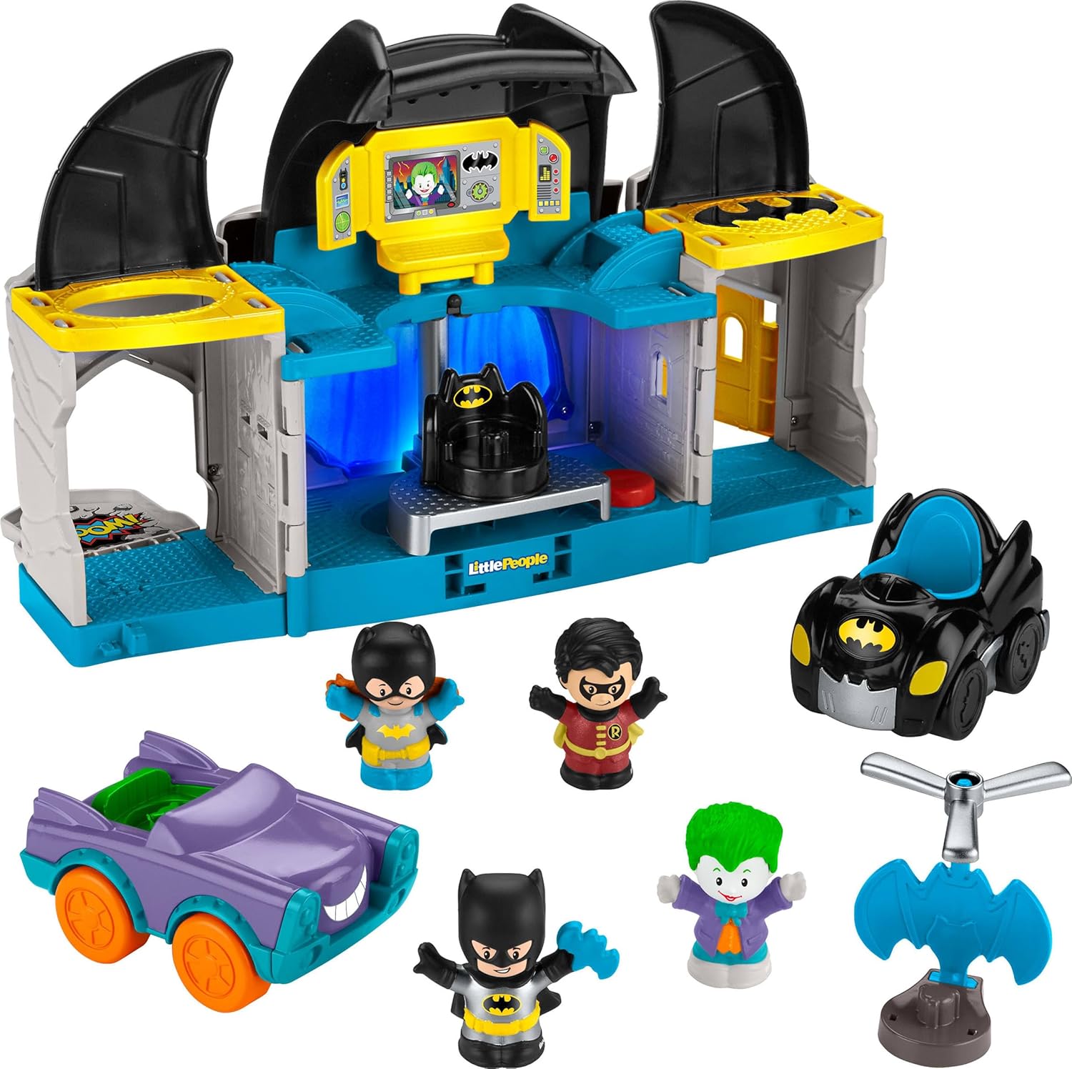 Fisher-Price Little People DC Super Friends Deluxe Batcave, Batman playset with Lights and Sounds Plus 4 Character Figures for Toddlers (Amazon Exclusive)