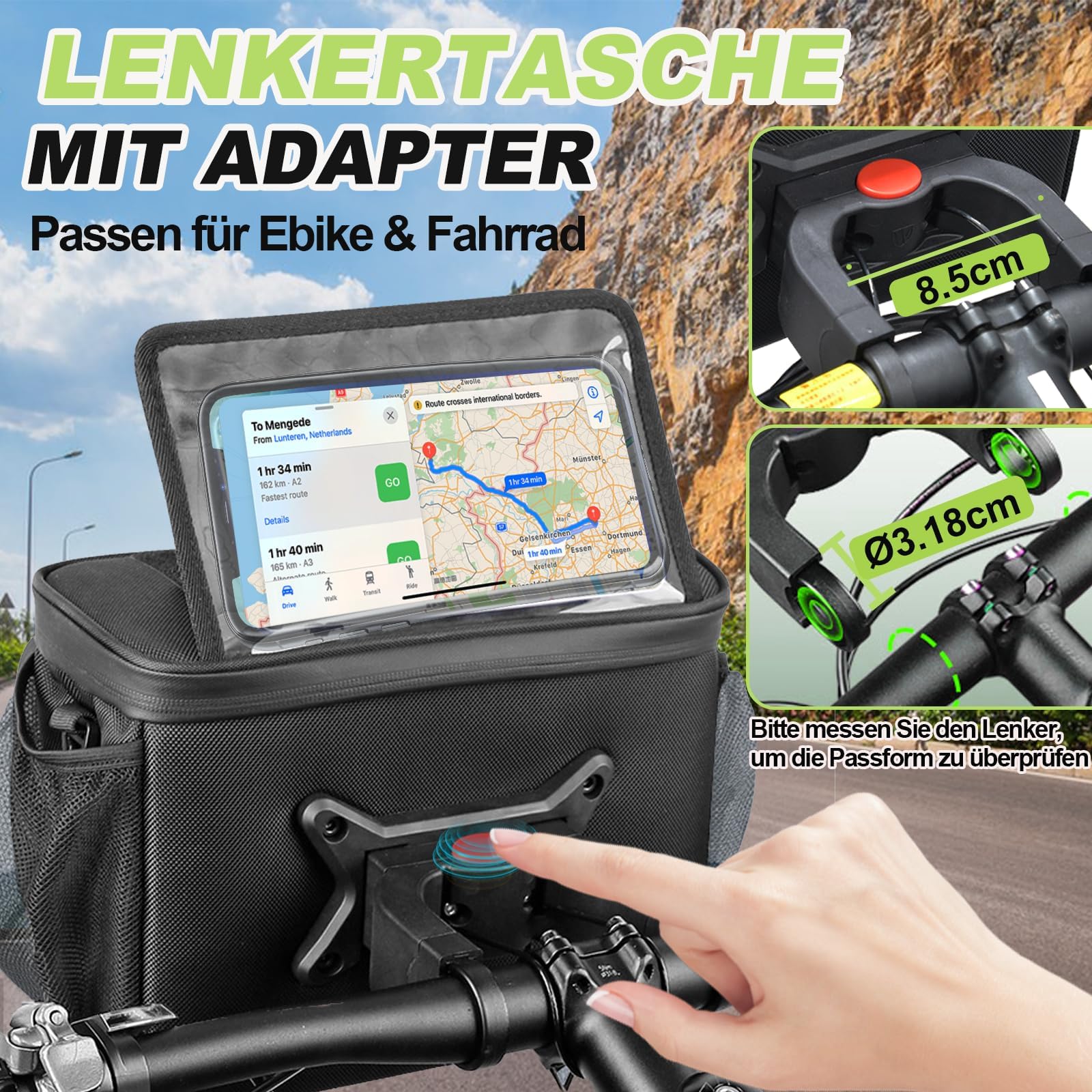 FINEW Bolsa para manillar de bicicleta con adaptador de manillar para bicicleta eléctrica y bicicleta, cesta delantera de 6 L, resistente al agua, bolsa de manillar con soporte para teléfono móvil