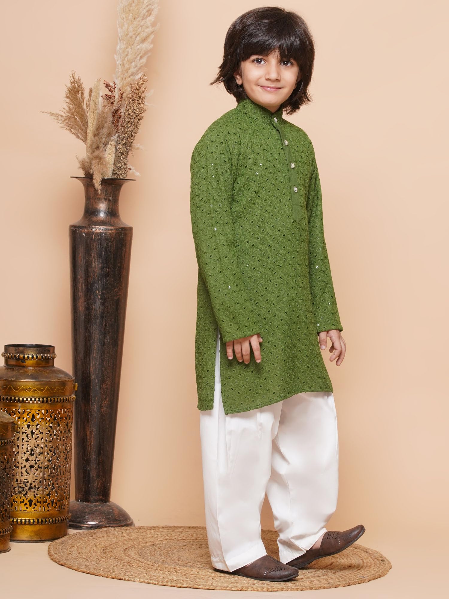 AJ DEZINES Boys Ethnic Kurta Pajama Set | Cotton Full Sleeve Chikankari Kurta with Sequins | Traditional & Festive Outfit | Mandarin Collar, Regular Fit | Special Occasion Outfit for Kids | GREEN-10 - Image 5 thumbnail