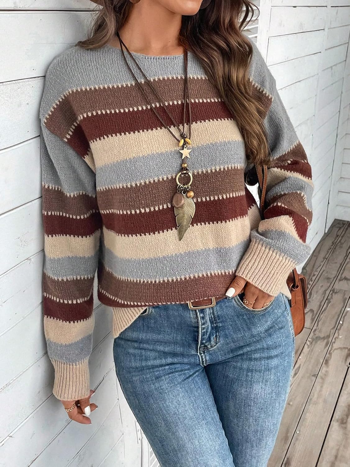 Women's Striped Sweater Color Block Crew Neck Boho Sweater Long Sleeve Knitted Weatern Jumper Tops Multicolor Medium - Image 4