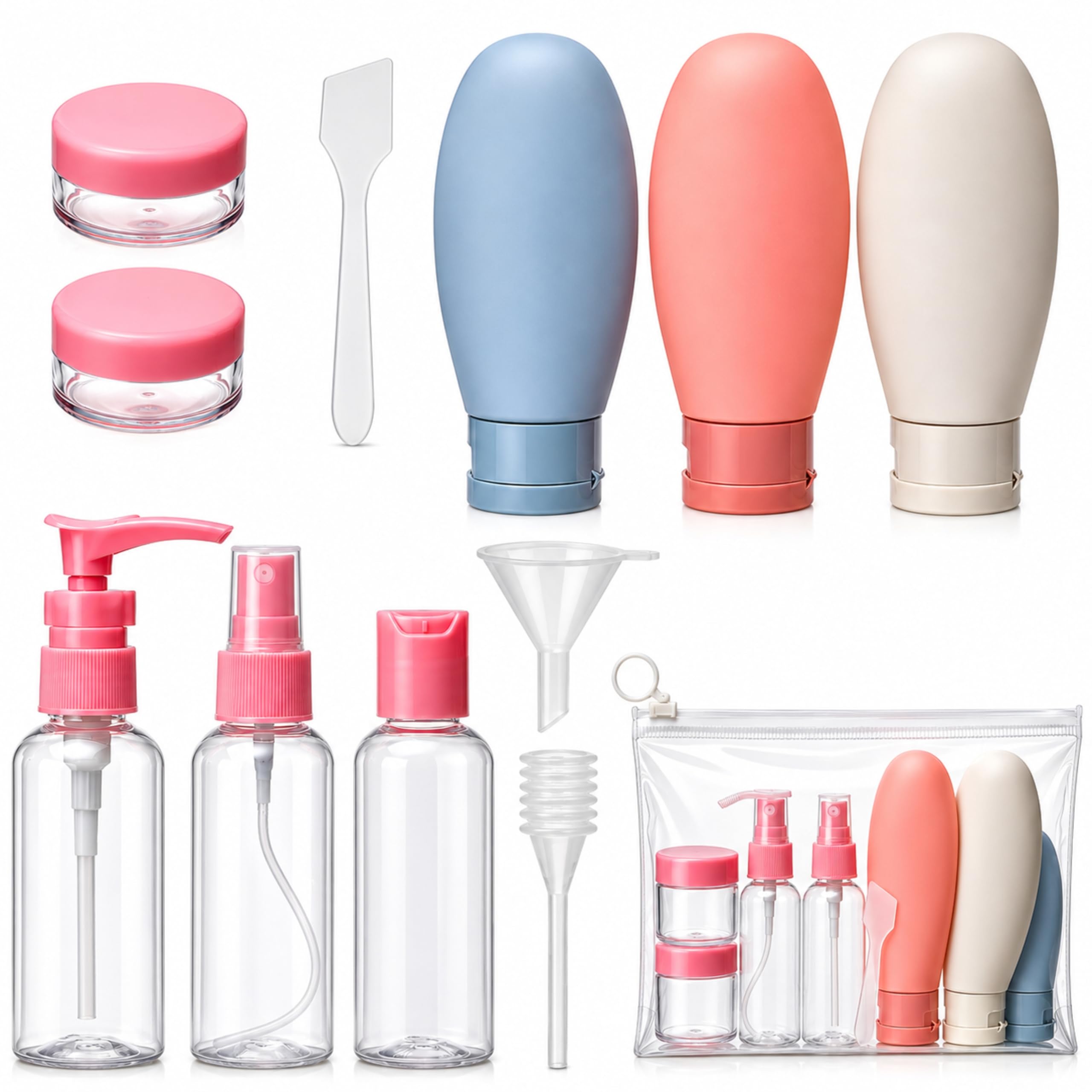 11 pcs travel bottles combo kit set for toiletries, refillable travel size containers with silicone squeeze bottles, spray bottle, cream jars funnel & leak proof pouch storage pouch travel accessories