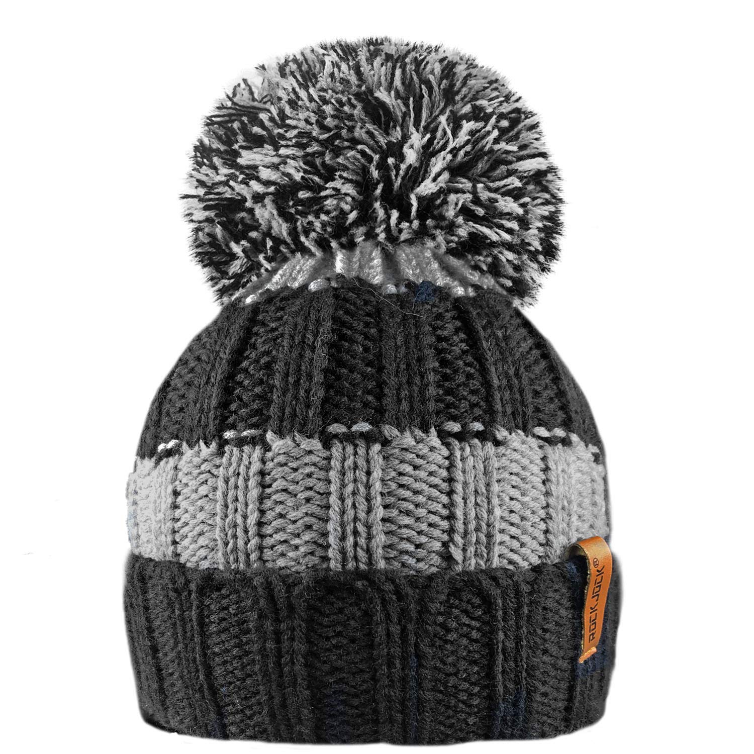 Rockjock Girls Black/Grey R80 Kids Boys Ribbed Striped Thermal Insulating Bobble Hat With Cosy Fleece Lining