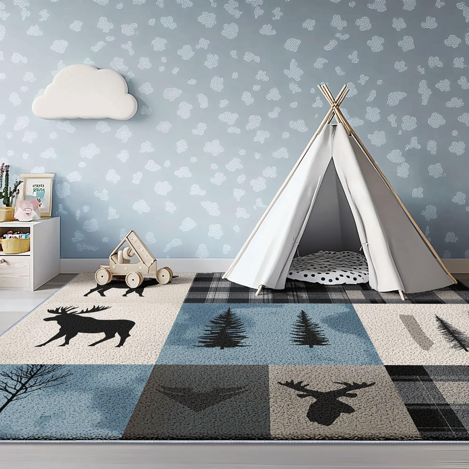 Gris Marron Tapis antidérapant Lavable - 120 x 170 cm - Moderne Simple Patchwork Cerf - Léger et résistant - pour Couloir, entrée, Salon et Zones à Fort trafic