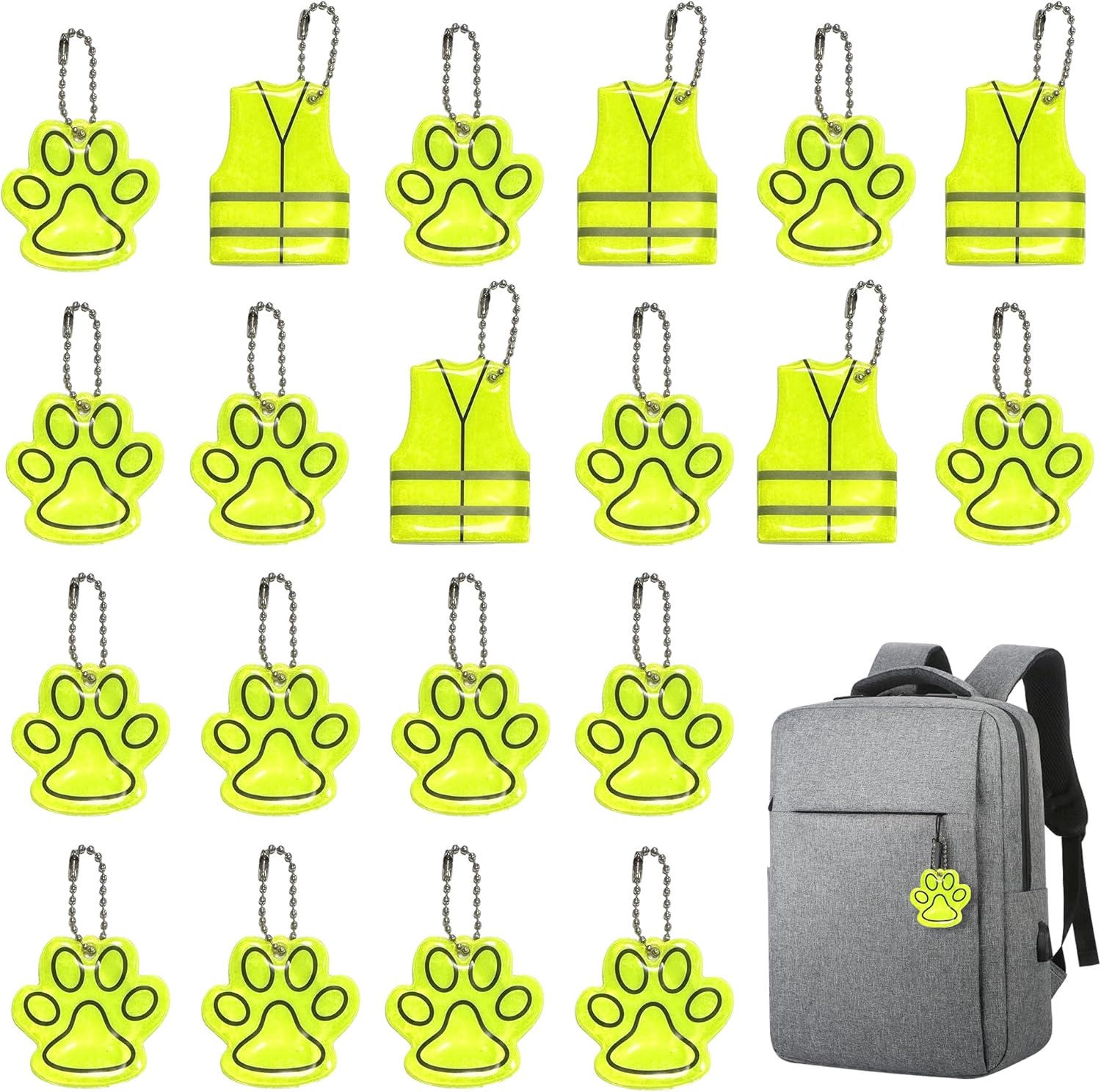 20PCS Reflective Pendants, Dog Paw Vest Print Reflector Keyrings, Visible Reflective Keyrings, Running Gear Dog Walking Accessories Kids Reflectors for Bags Backpacks Clothing Outdoor