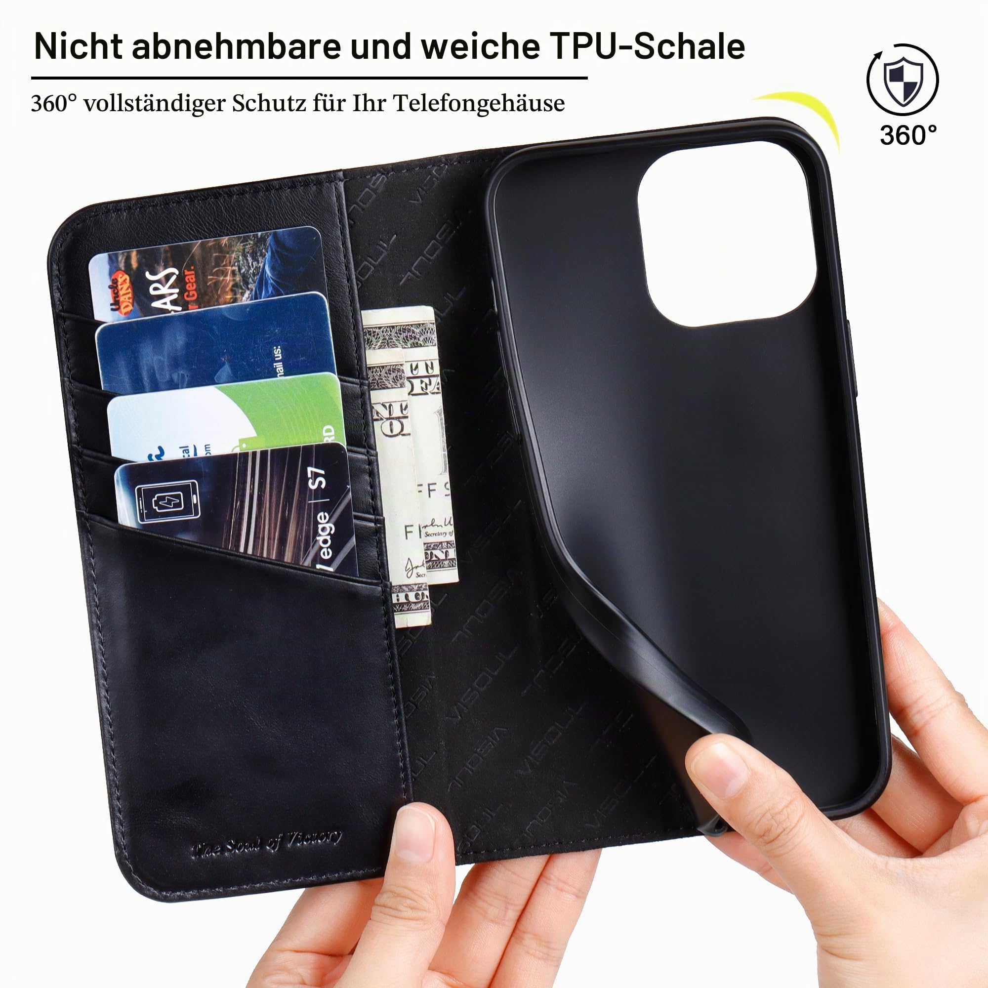 VS VISOUL Hülle für iPhone 16 Pro max,Schutzhülle Echt Leder Schützt vor Stoß Kartenfach Magnetverschluss Stand klappbar handyhülle Handytasche Etui Case für iPhone 16 Pro max Schwarz A