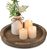 Hanobe Distressed Rustic Farmhouse Candle Tray - Round Paulownia Wood Plate Holder for Tealights, Pillars & Coffee Table Decor, 11 Inch