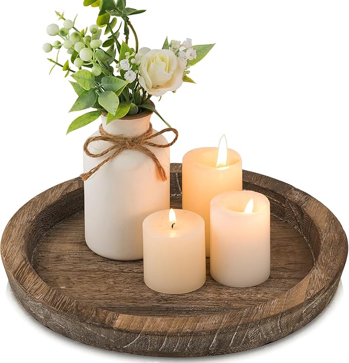 Hanobe Candle Plate Holder Tray: Round Wood Decorative Candle Plate Decor Farmhouse Table Centerpiece Rustic Wood Tealight Pillar Trays for Christmas Wedding Halloween Home Decor