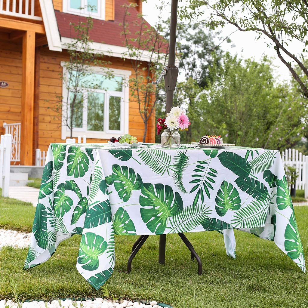 3E Home Outdoor Table Cloth Splashproof Patio Round Table Cover with Umbrella/Parasol Hole and Zipper Picnic [52X70 inch(132X178 cm) Palm leaf]